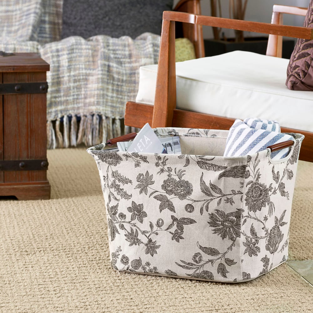 Household Essentials Storage Bin with Wood Handles (Medium, Floral)