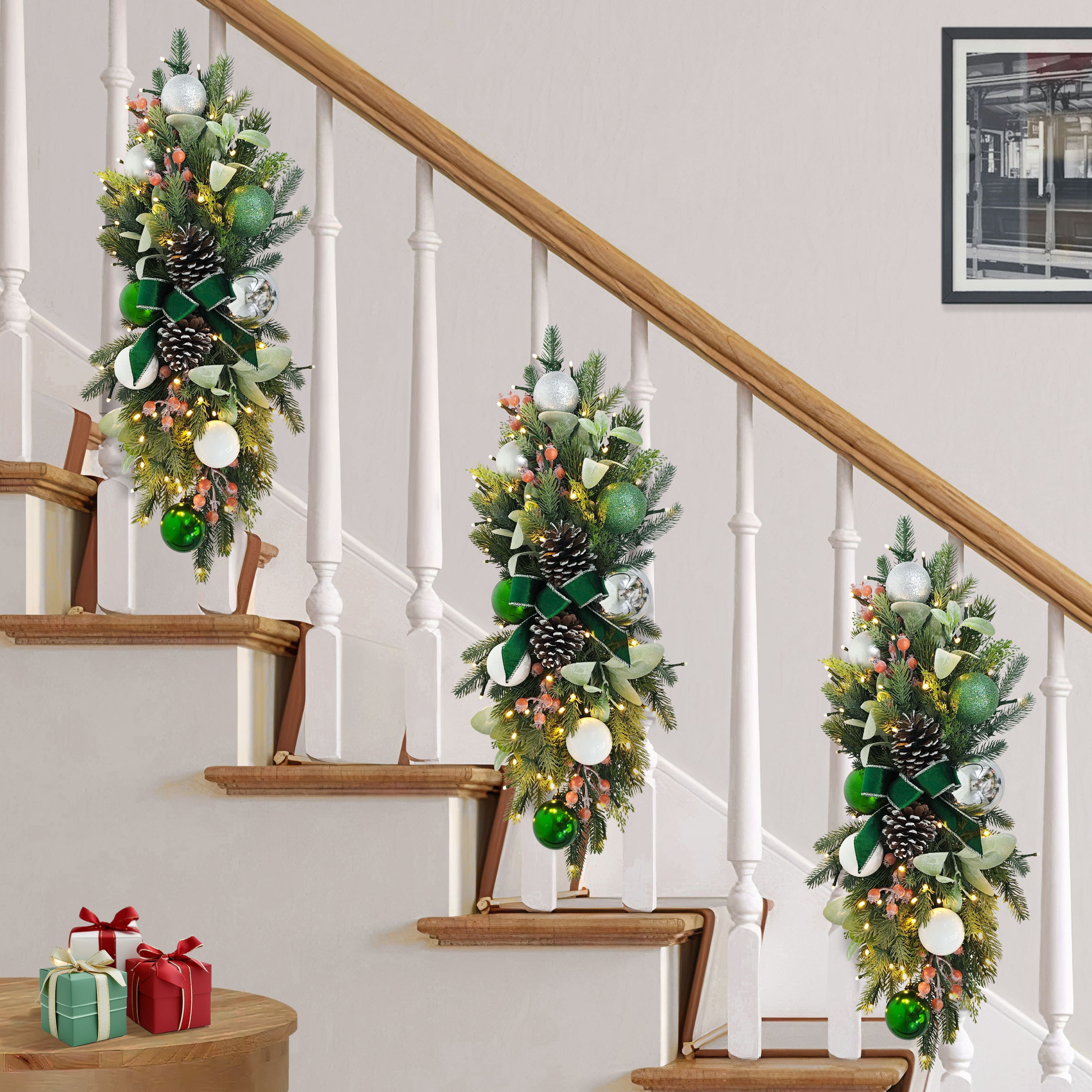 28" Pre-Lit Green & Silver Adorned Artificial Swag with Pinecones & Berries