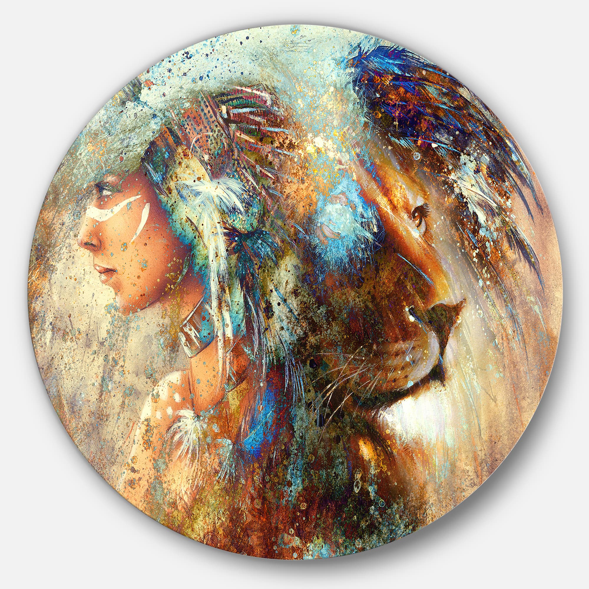 Designart - Indian Woman Collage with Lion' Indian Artwork' Metal Circle Wall Art