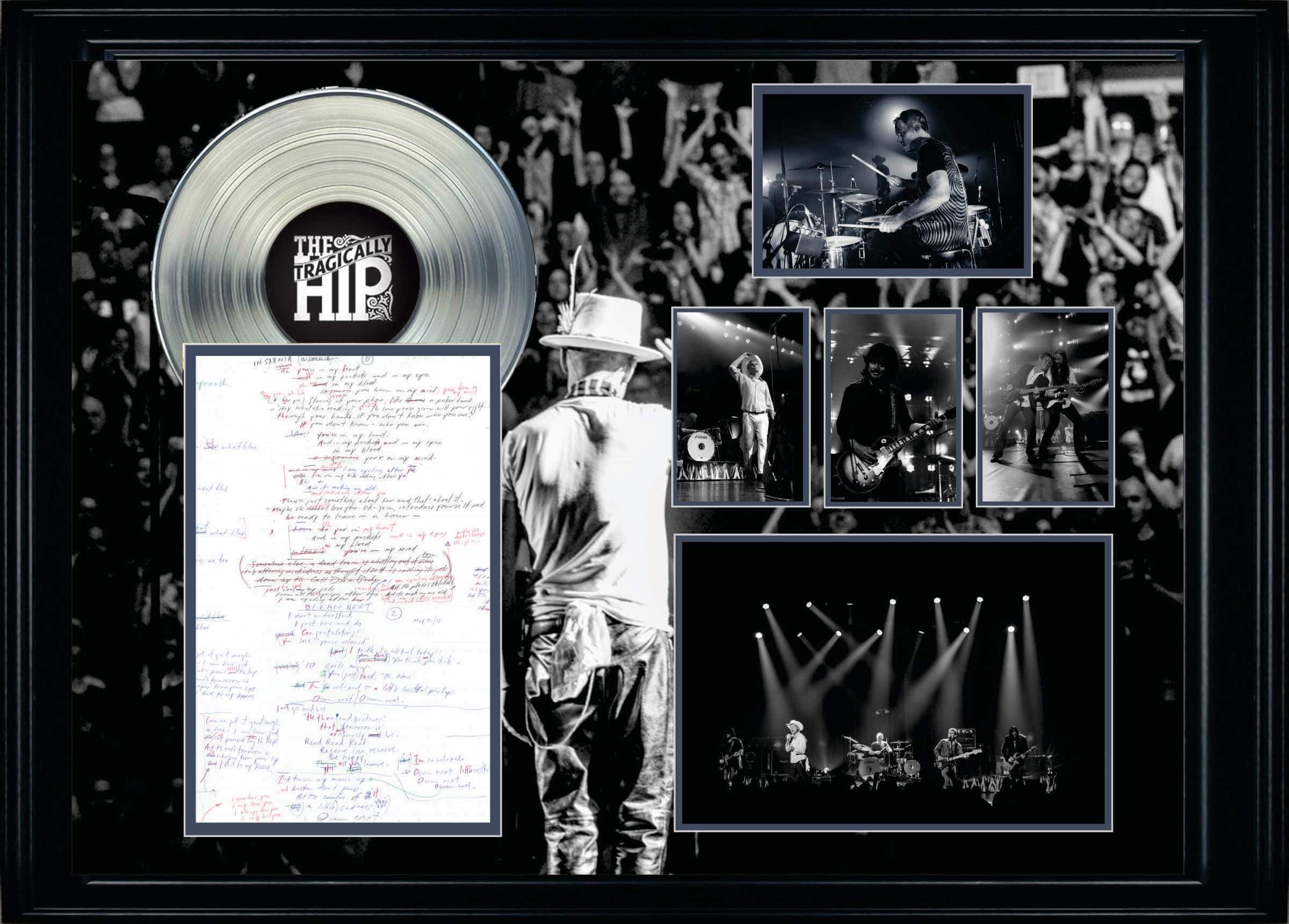 The Tragically Hip Framed On Tour Collage with Lyric Sheet and Silver LP 37" x 28"