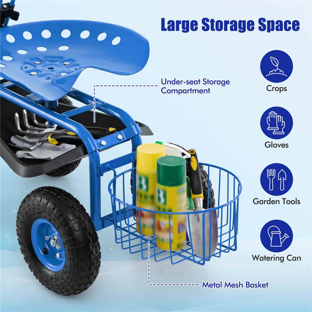 Costway Garden Cart Patio Wagon Roll Work Seat with Tray Basket Extendable Handle