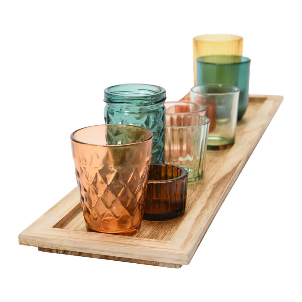 Hello Honey® Glass Votive Candle Holders & Wood Tray Set