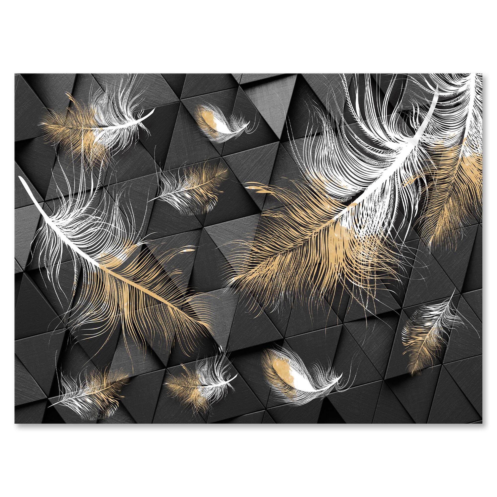 Designart - White and Gold Feathers On Triangular - Modern Canvas Wall Art Print
