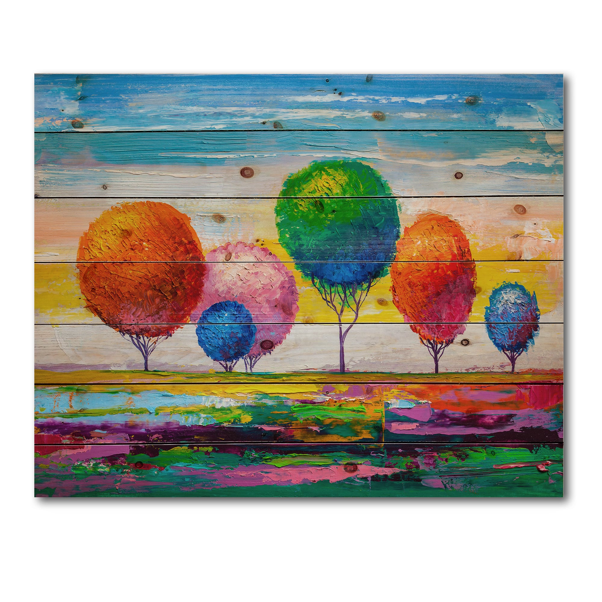 Designart - Colourful Ornamental Trees VI - Modern Print on Natural Pine Wood
