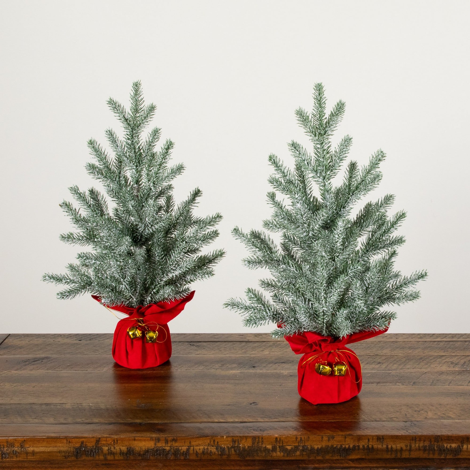 Nearly Natural 18" Unlit Artificial Flocked Christmas Tree with Wrapped Velvet Base & Gold Bells, 2ct.