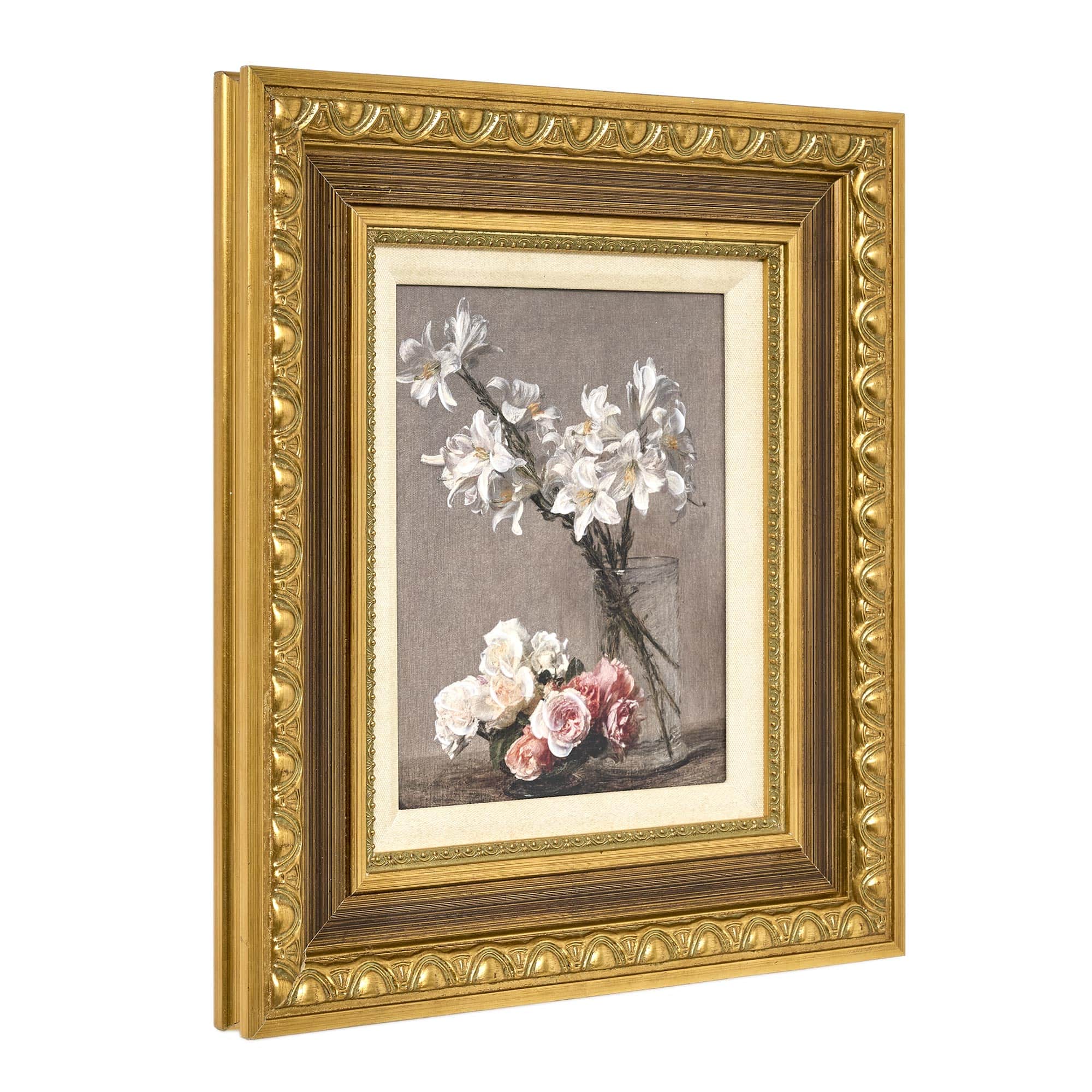 American Art Decor Ornate Framed Roses and Liles Canvas Print by Henri Fantin-Latour - 14.75" x 16.75"