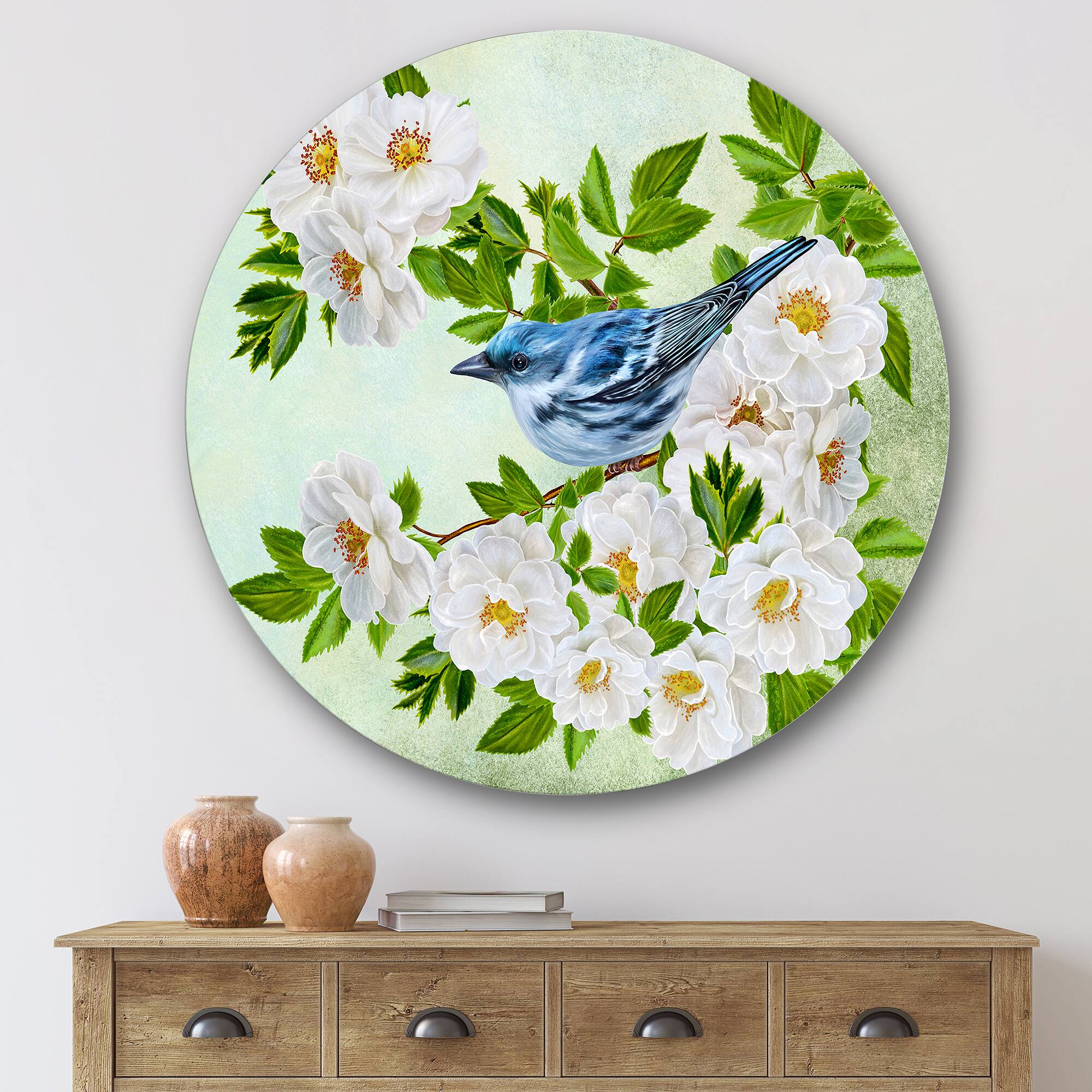 Designart - Little Blue Bird Sitting On A Branch of White Rose