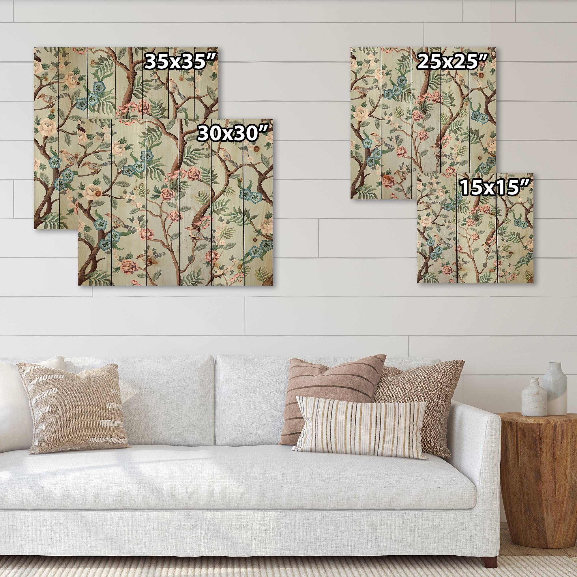 Designart - Chinoiserie With Birds and Peonies X - Traditional Print on Natural Pine Wood