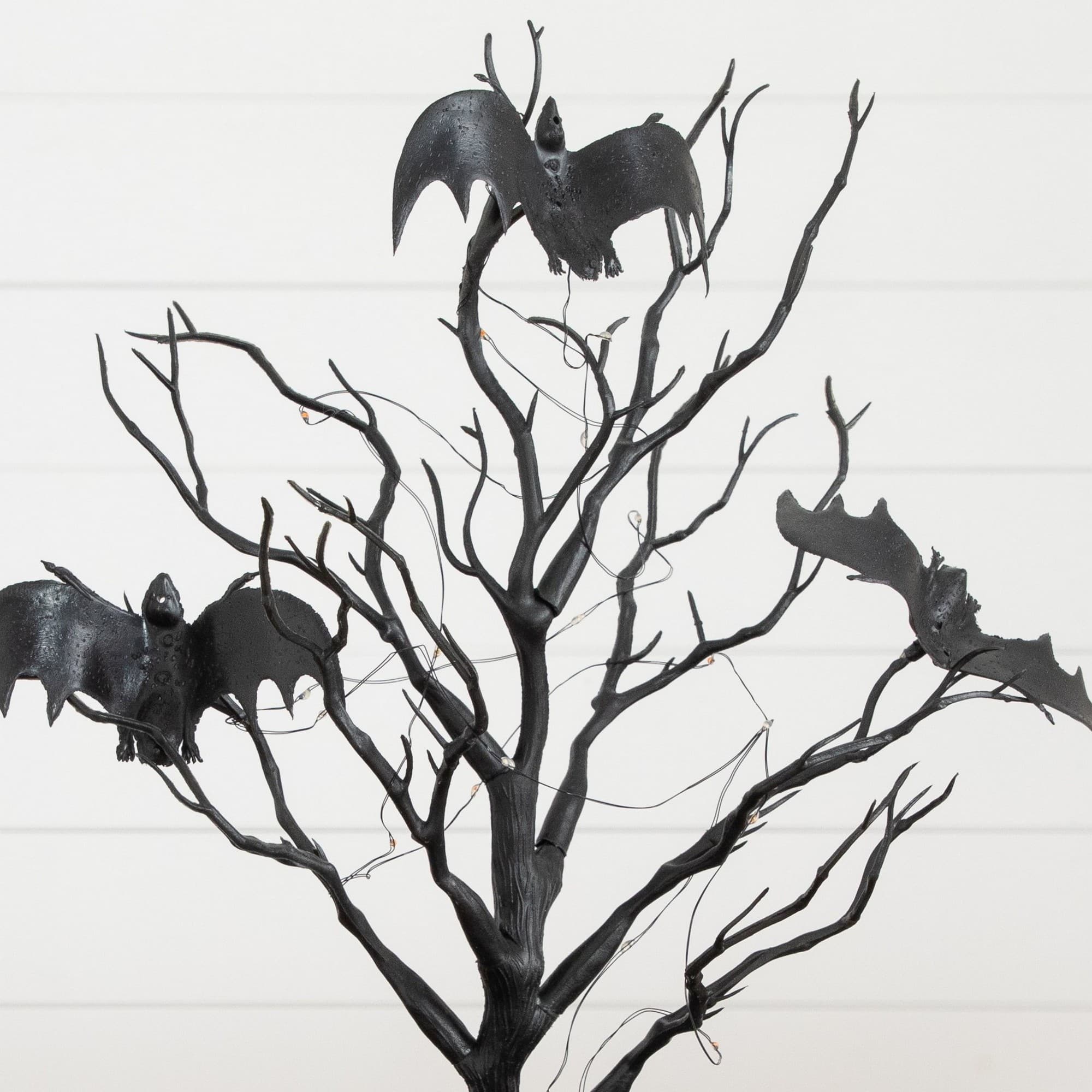 16" Pre-Lit Artificial Halloween Black Spooky Twig Tree with Bats and 20 Orange & Purple LED Lights