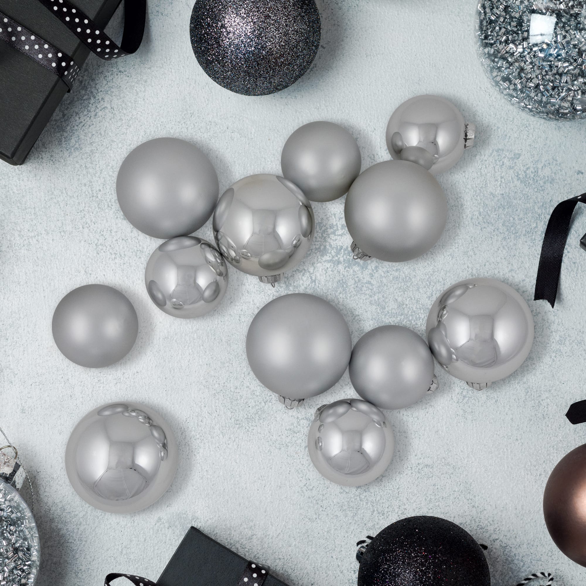72ct. 4" Silver Shiny and Matte Christmas Glass Ball Ornaments