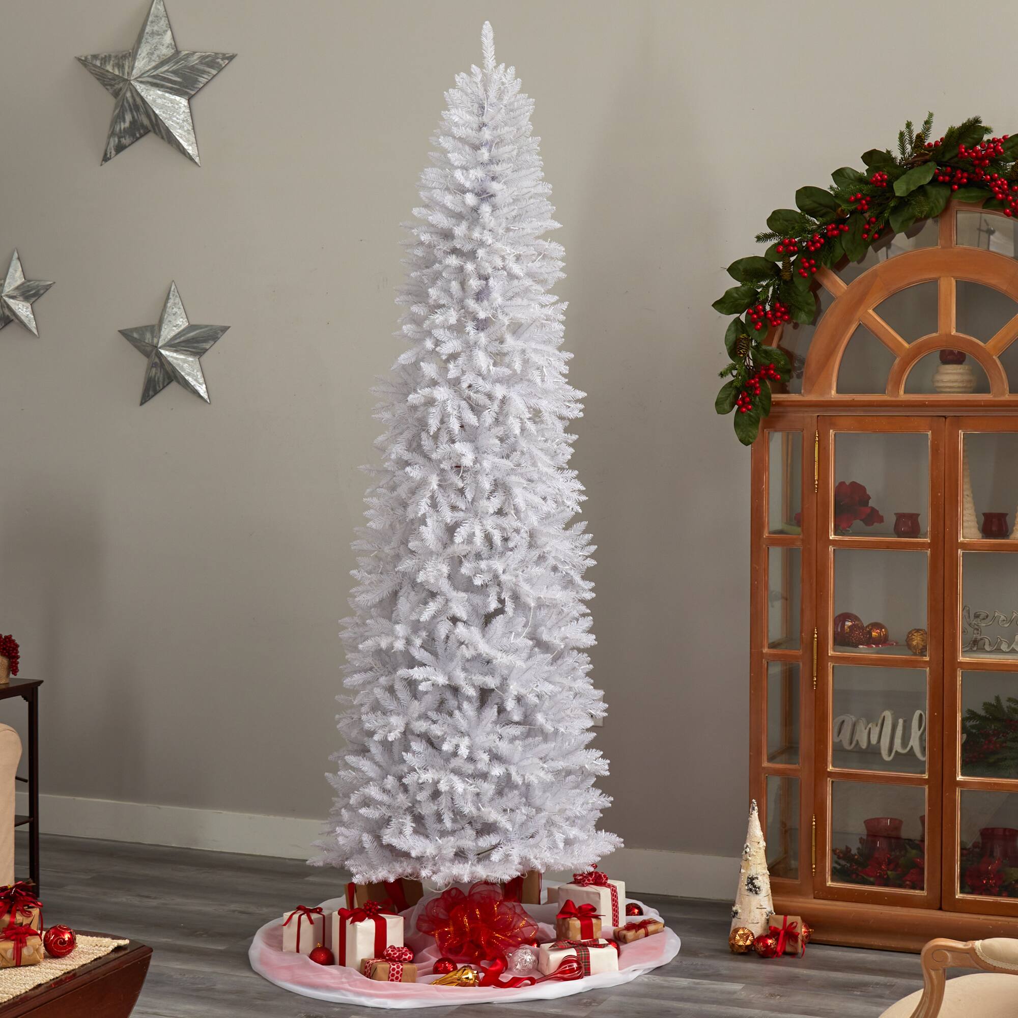 9ft. Pre-Lit Slim White Artificial Christmas Tree, Warm White LED Lights