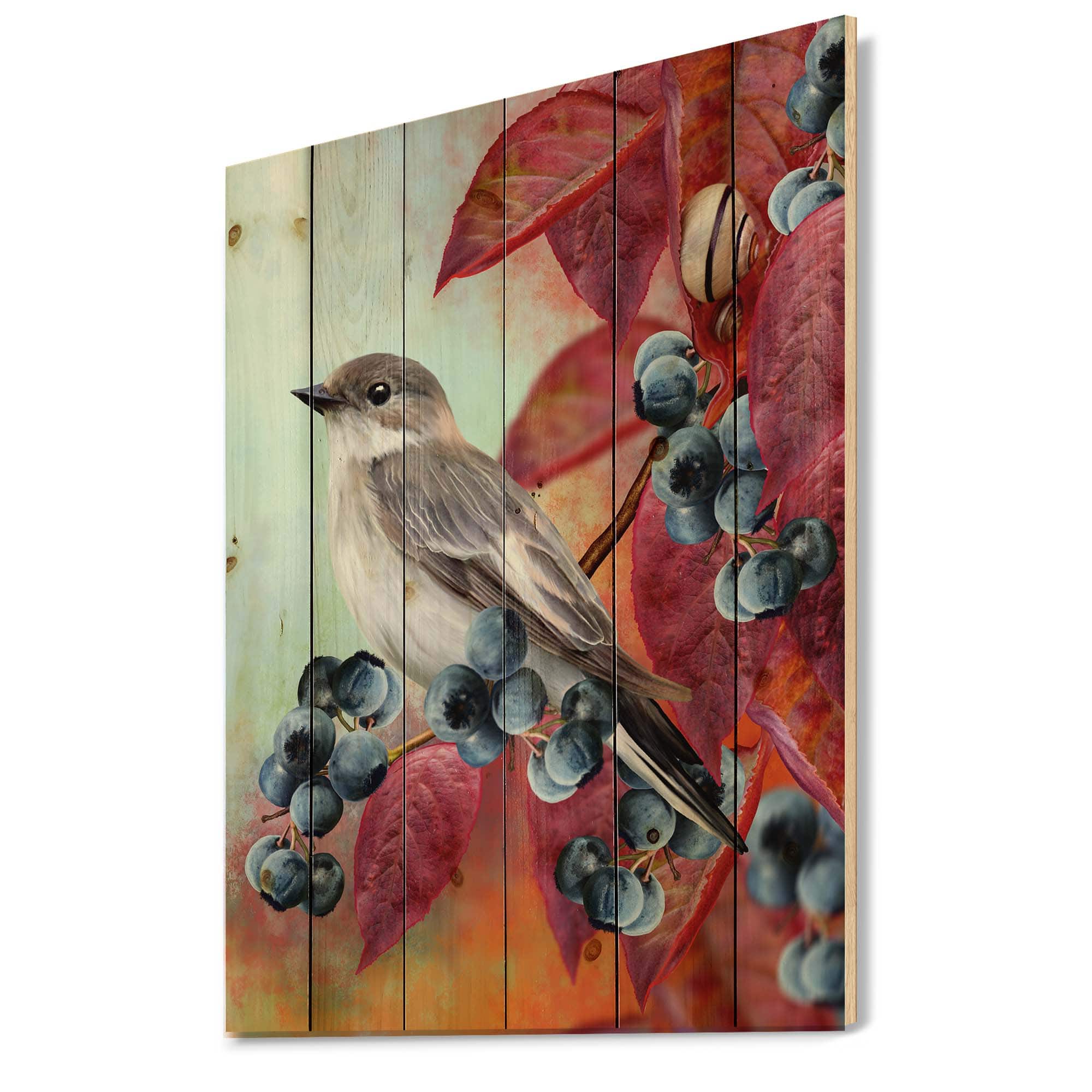 Designart - Little Gray Bird On Red Autumn On Blueberry Twig - Traditional Print on Natural Pine Wood