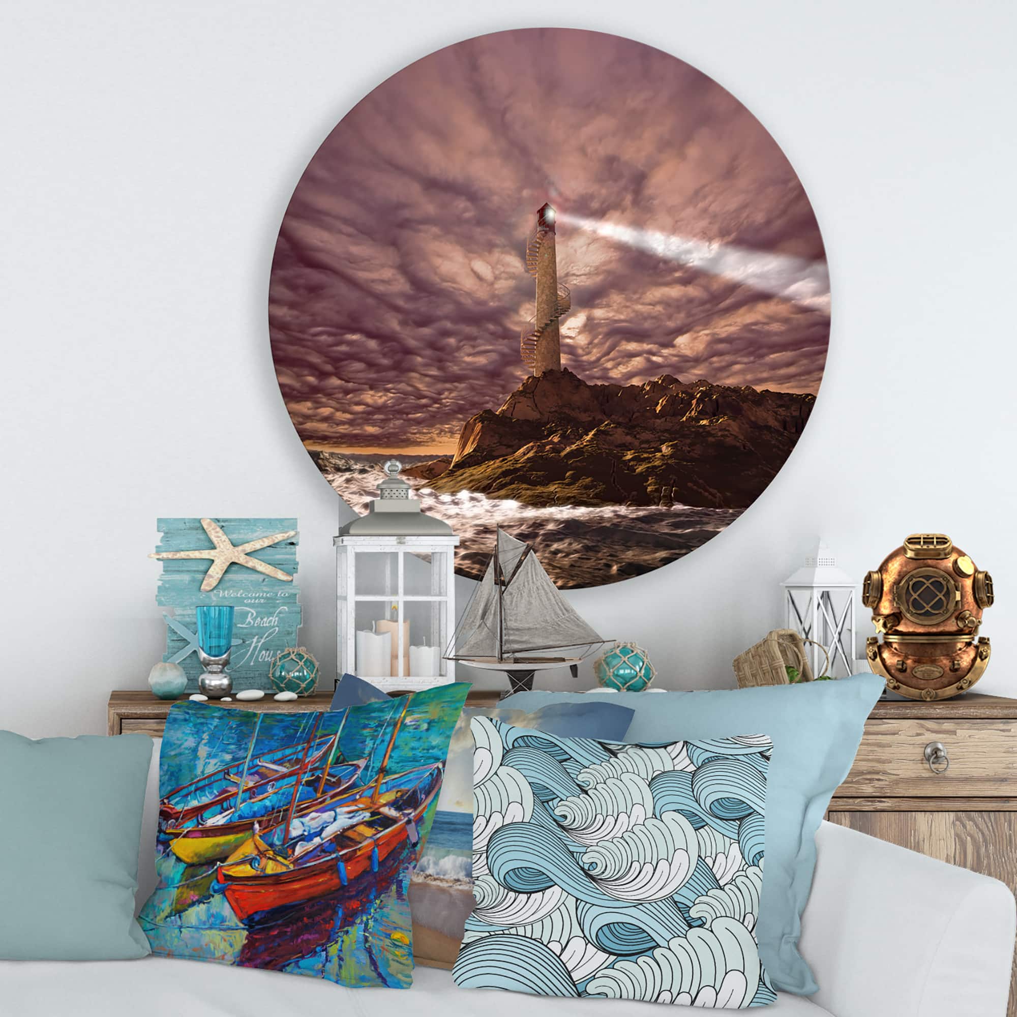 Designart - Lighthouse Shining Light During Stormy Night I
