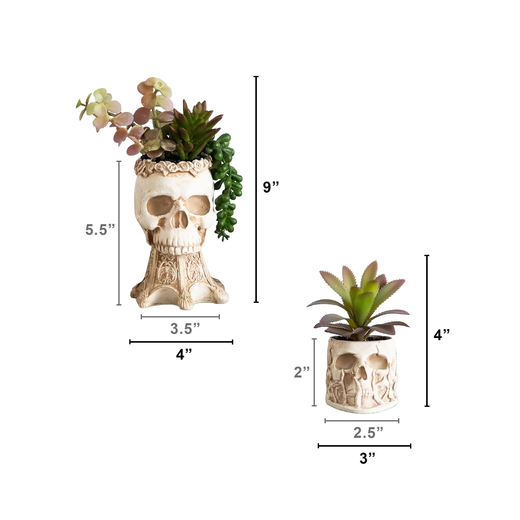 5.5" &  9" Artificial Halloween Succulent Garden in Skull Planters Set