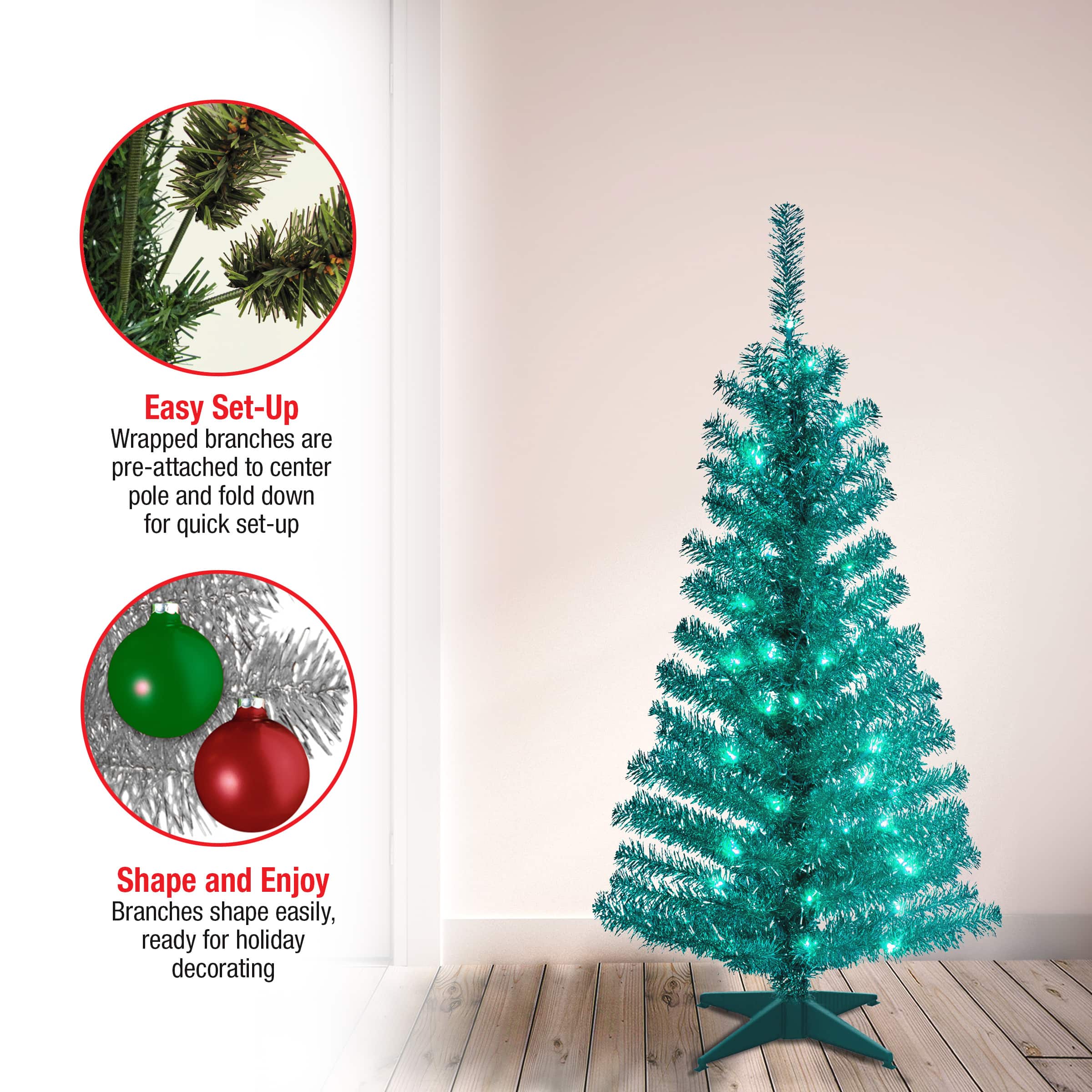 4ft. Pre-Lit Tinsel Artificial Christmas Tree, Clear Lights