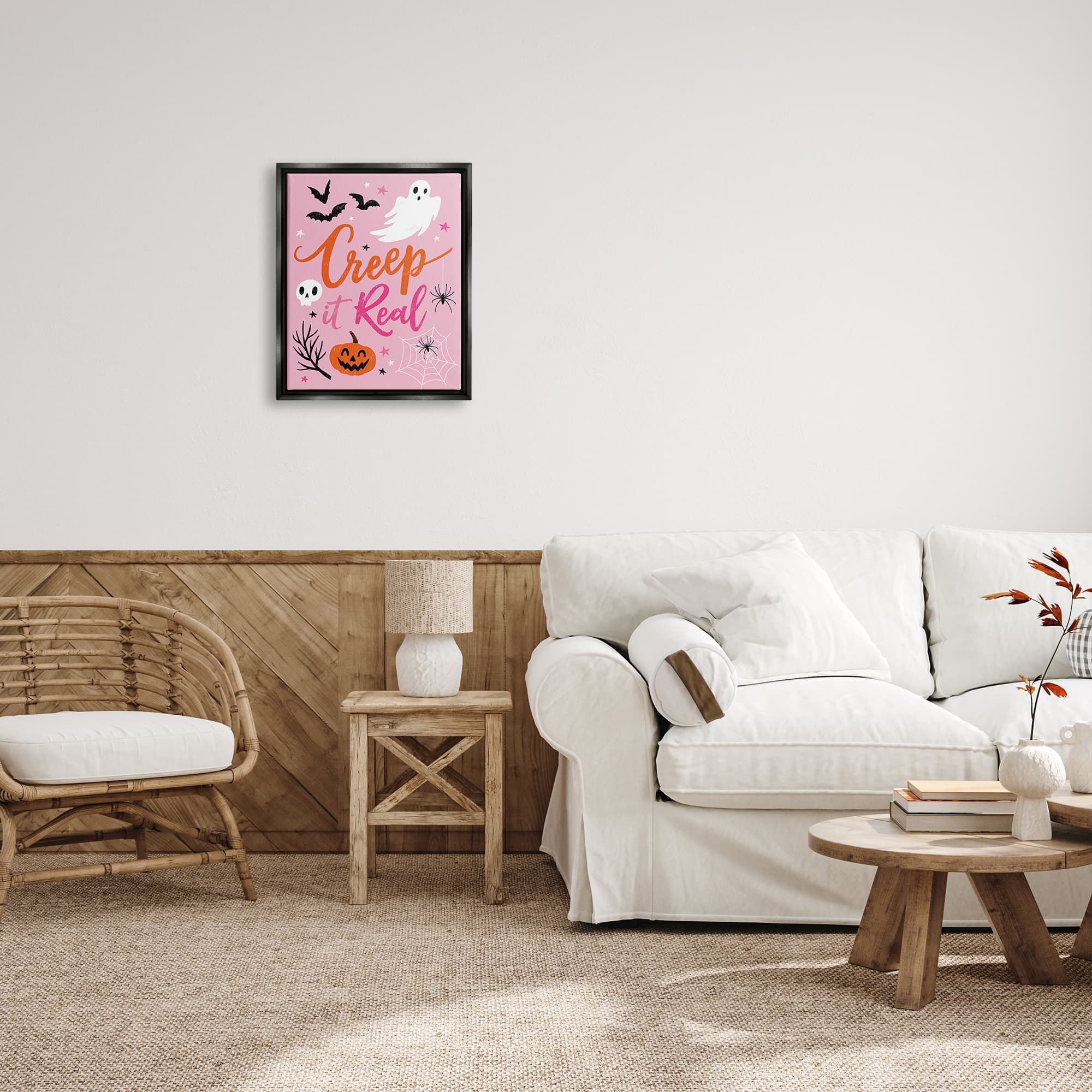 Stupell Industries Creep It Real Pink Halloween Phrase Framed Floater Canvas Wall Art