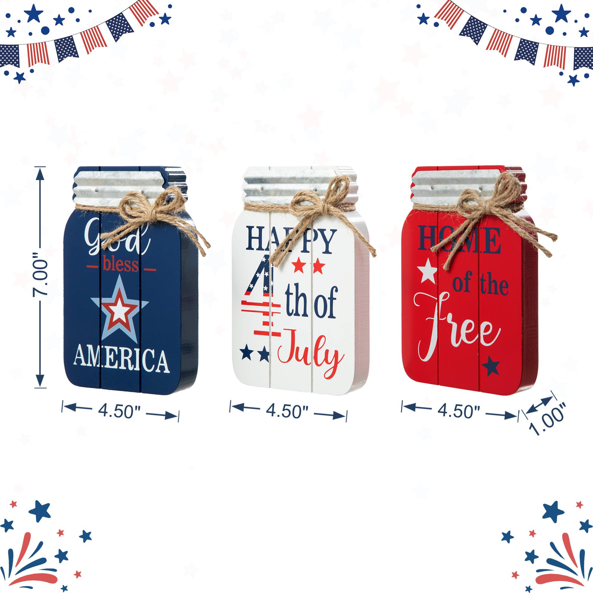 Glitzhome® 7" Patriotic Americana Mason Jar Tabletop Jar Décor Set