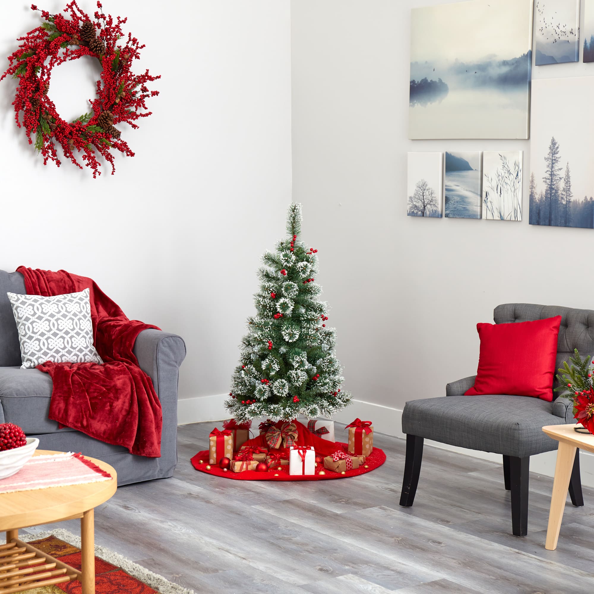 4ft. Pre-Lit Frosted Swiss Pine Artificial Christmas Tree with Berries, Clear LED Lights