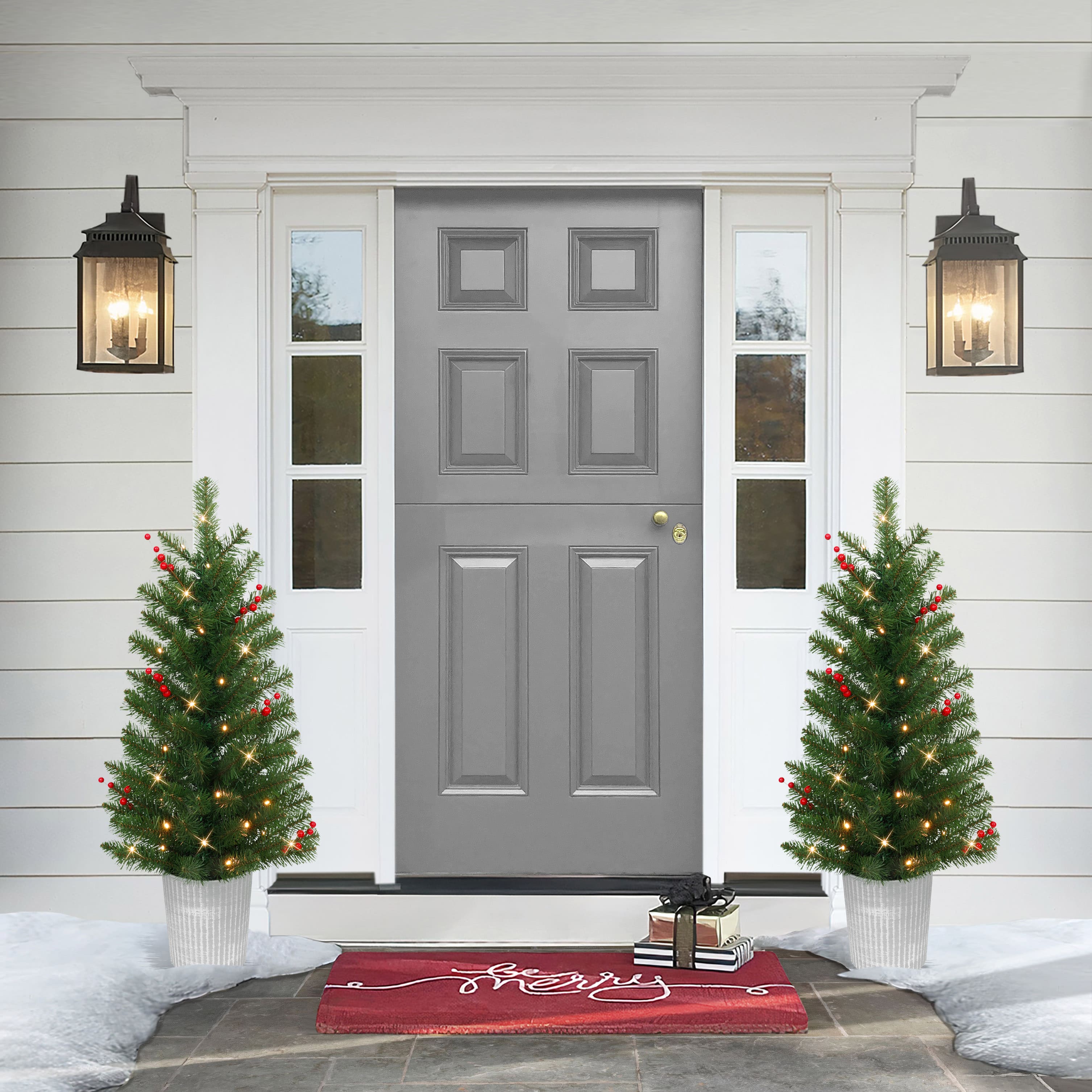 2 Pack 3.5ft. Pre-Lit Adorned Artificial Potted Christmas Tree, Warm White LED Lights