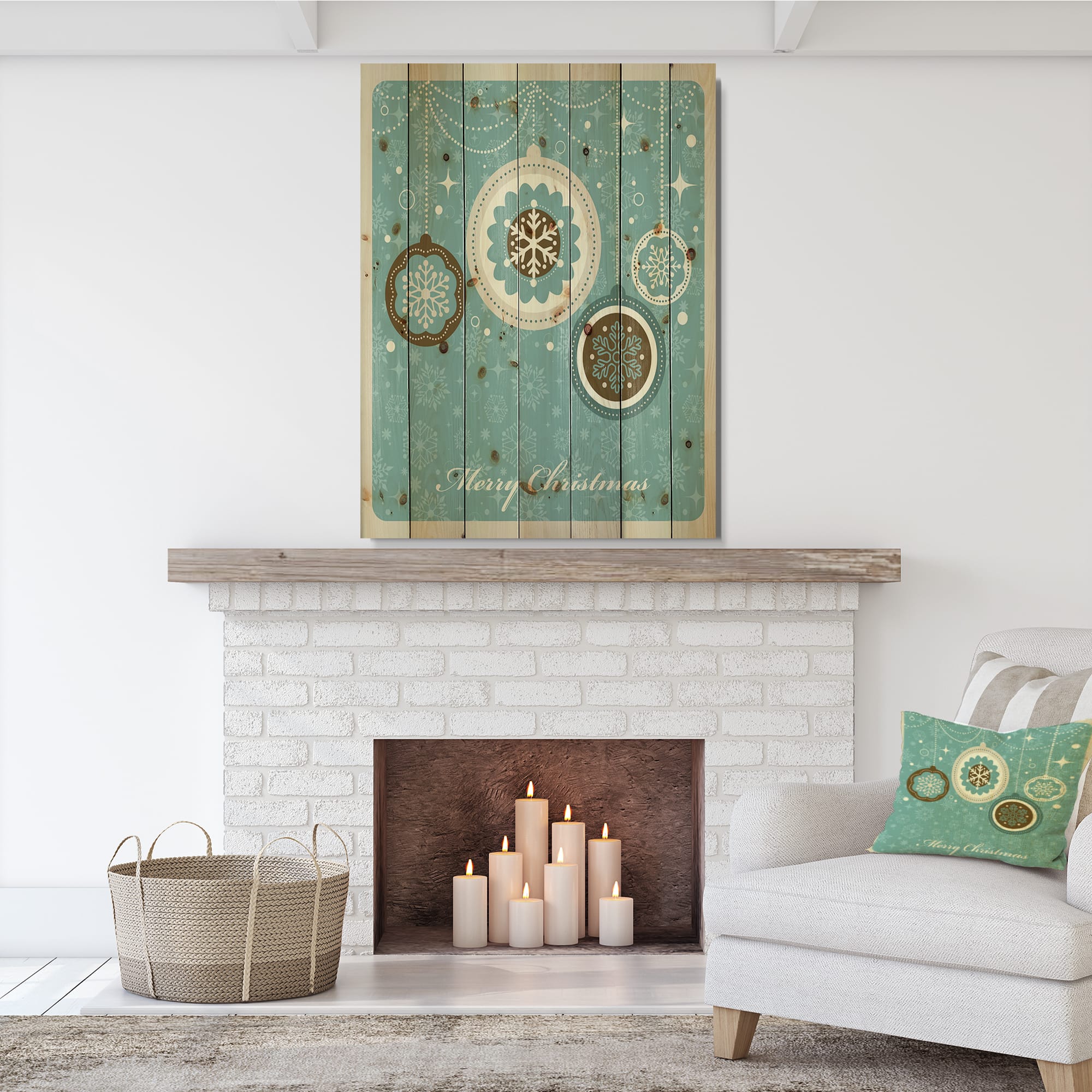 Designart Merry Christmas Tree Ball Print on Natural Pine Wood