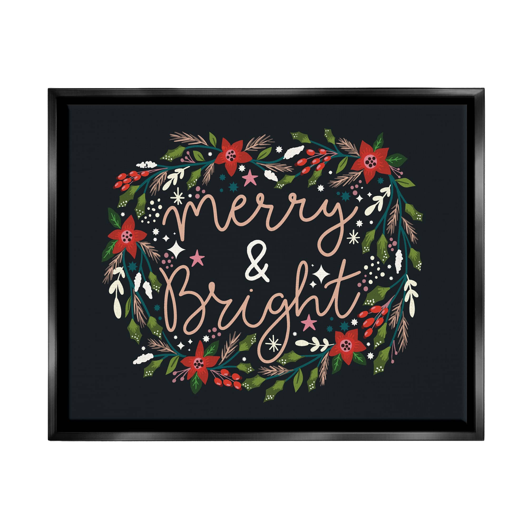 Stupell Industries Merry & Bright Poinsettia Wreath Framed Floater Canvas Wall Art