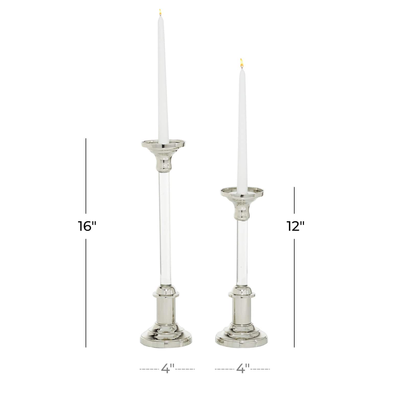 Set of 2 Silver Aluminum Glam Candle Holder, 12", 16"