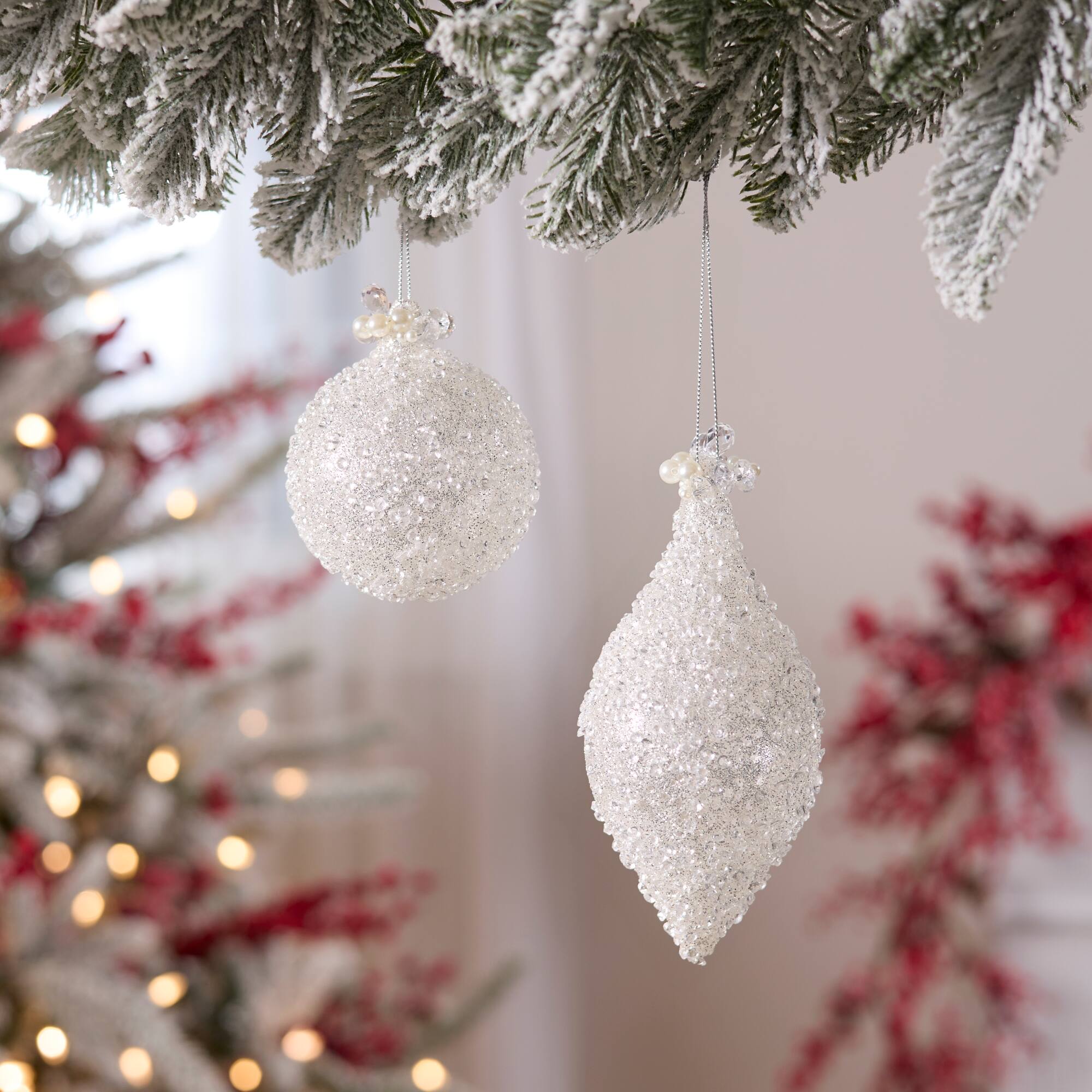 Melrose Silver Beaded Glass Ornament with Jewel Accent Set