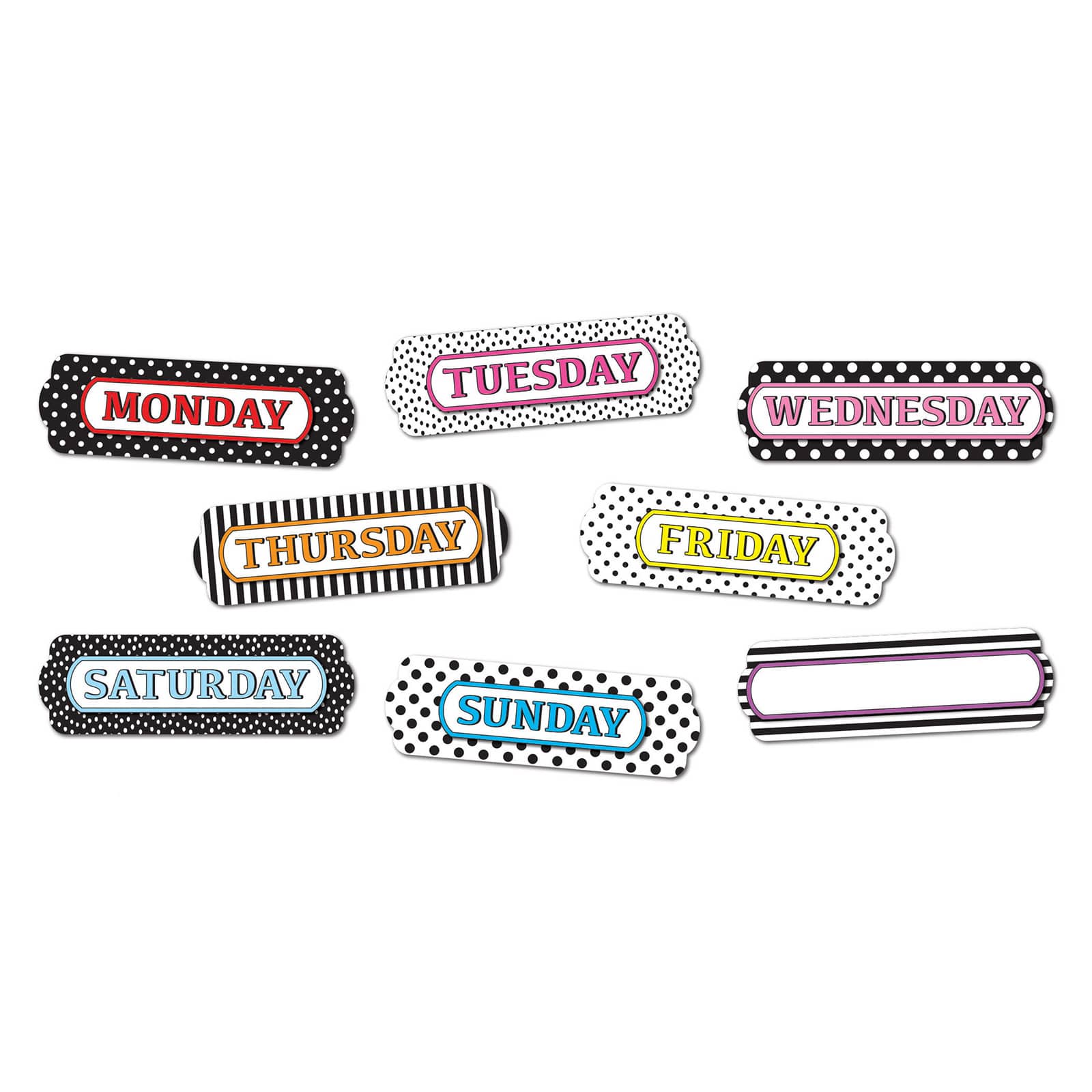 Ashley Productions Days of the Week Black & White Patterns Magnetic Die-Cut Timesavers & Labels, 3 Packs of 8