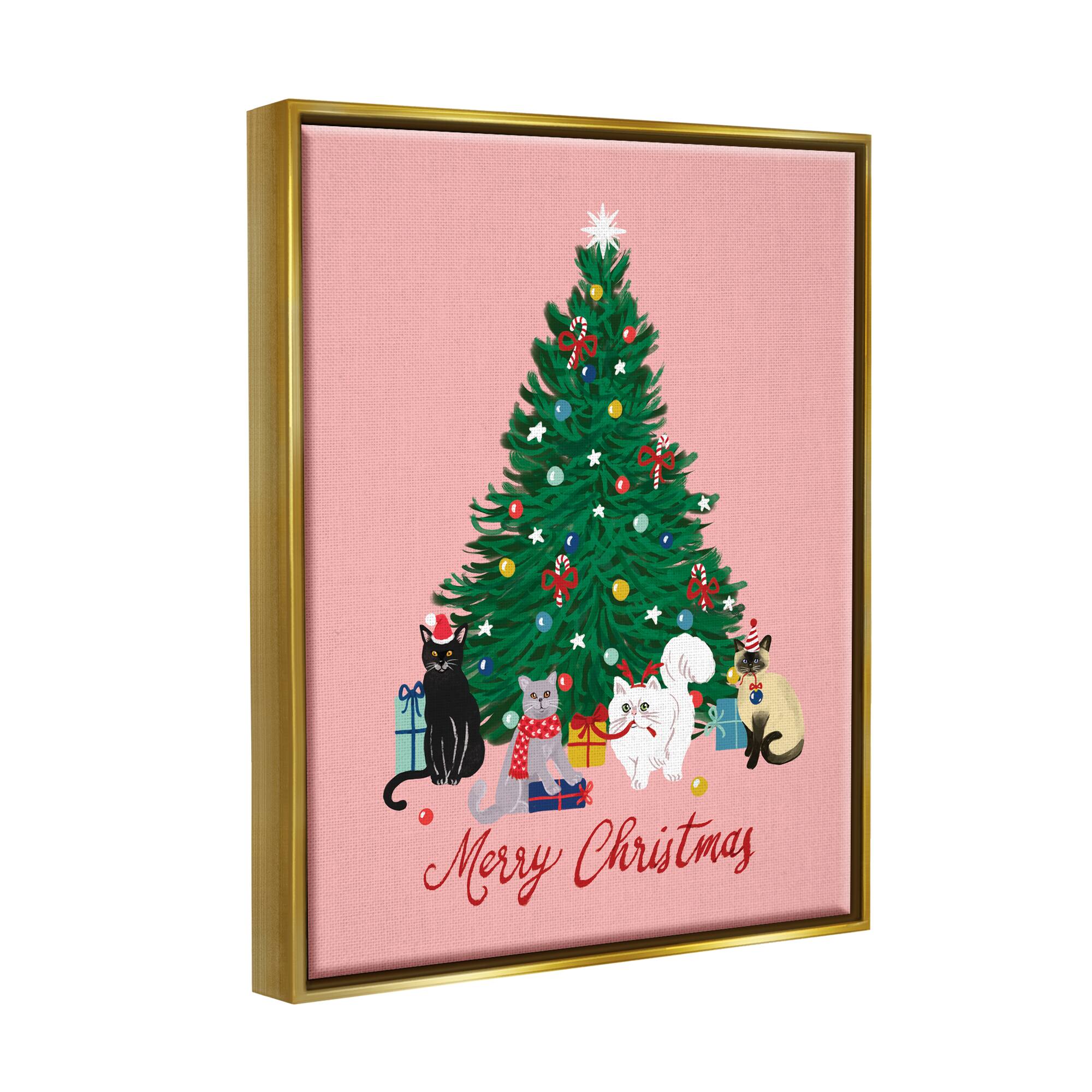 Stupell Industries Merry Christmas Holiday Cats Framed Floater Canvas Wall Art