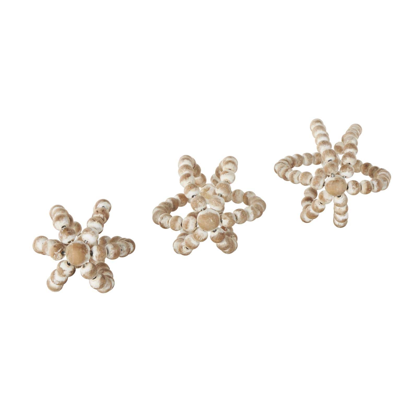 Whitewashed Brown Beaded Knot Wood Sculpture Set
