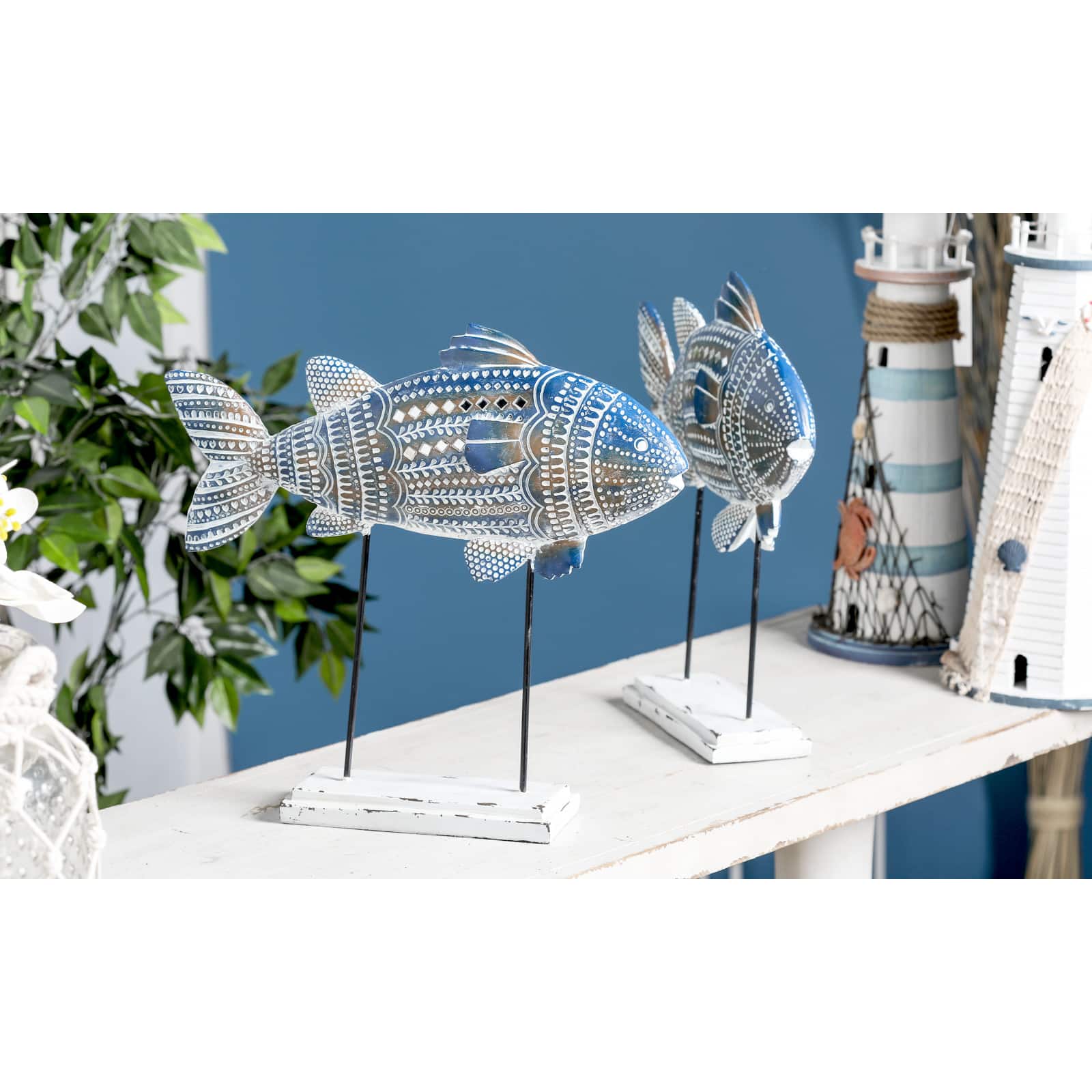 Blue Metal Coastal Fish Sculpture Set