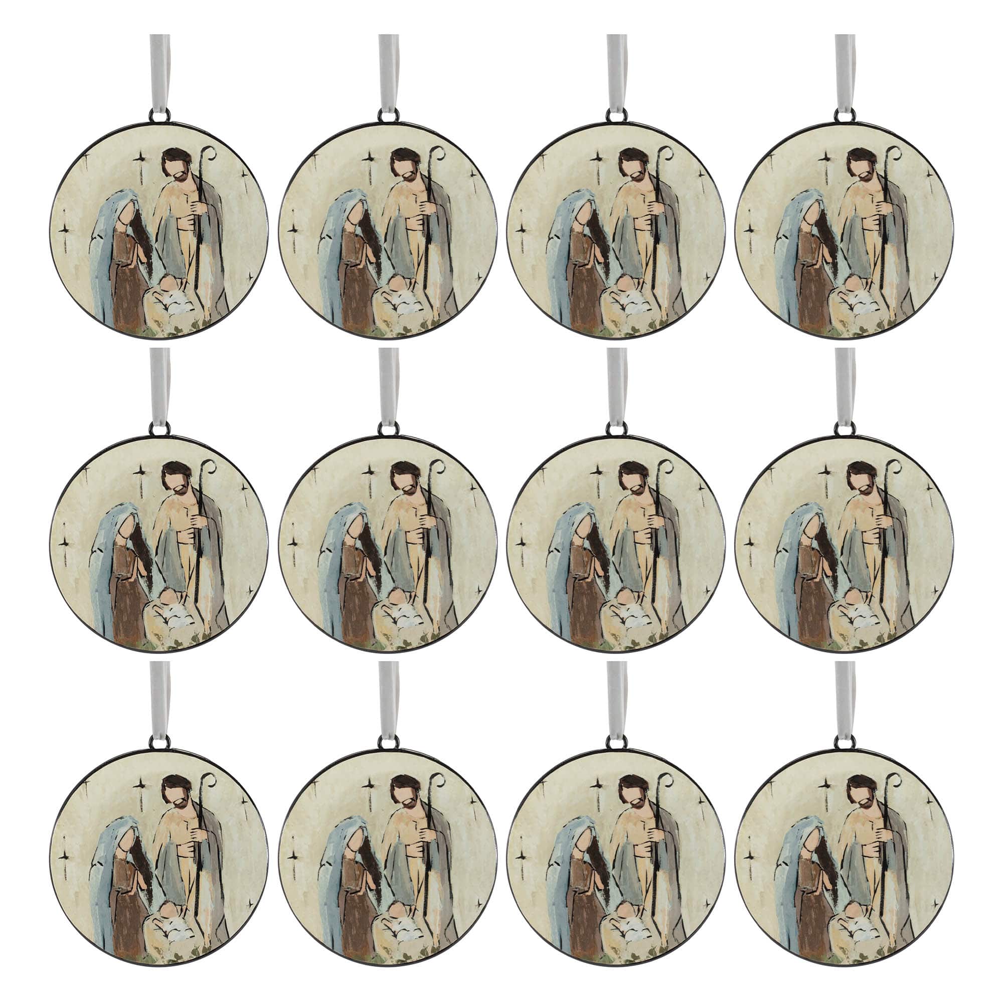 94383DS 6 in. Iron Holy Family Disc Ornament, Beige, Brown & Blue - Set of 12