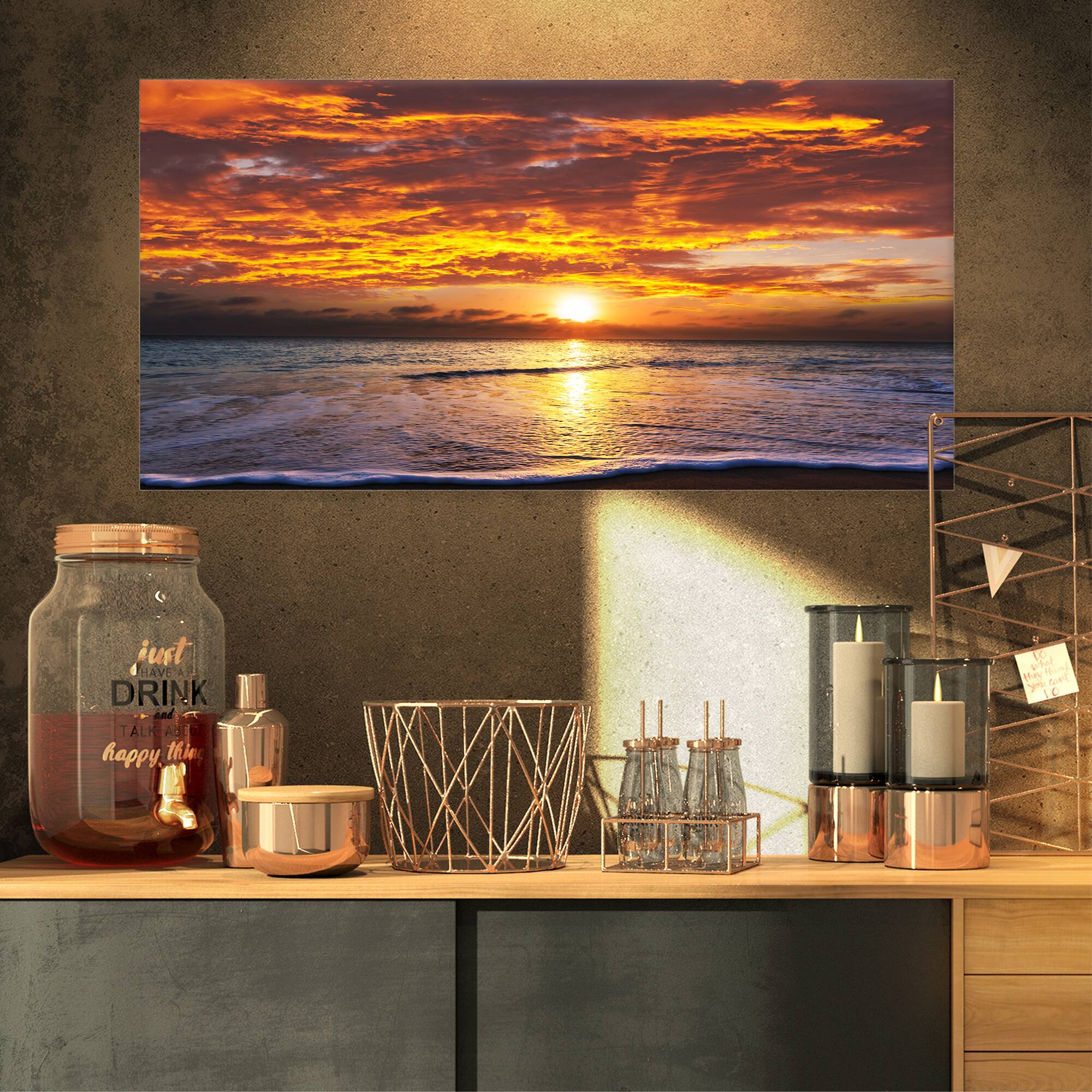Designart - Yellow Sunset above Foaming Waves - Modern Beach Canvas Art Print