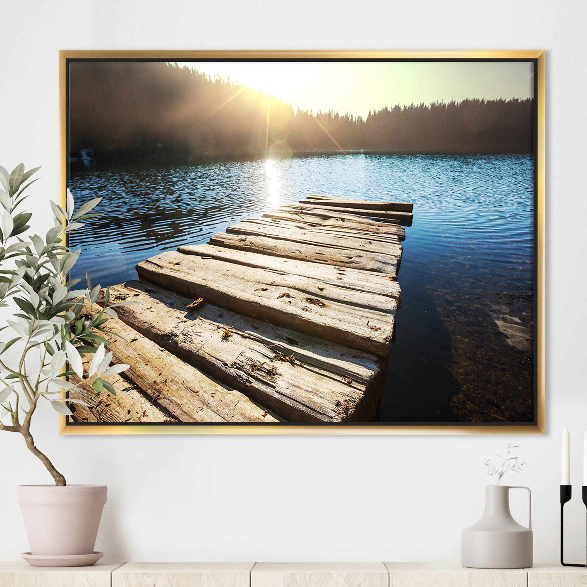 Designart - Large Wooden Pier into the Lake - Seashore Framed Canvas Art Print