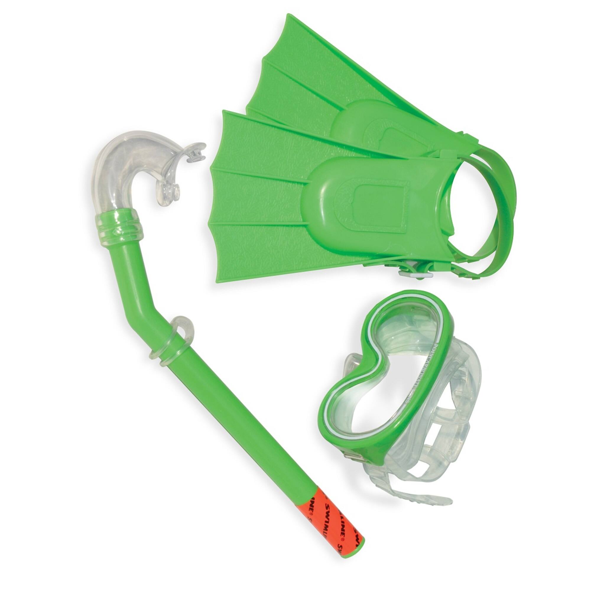 Set of 3 Green Recreational Mask  Snorkel and Fins For Children - 12.75"