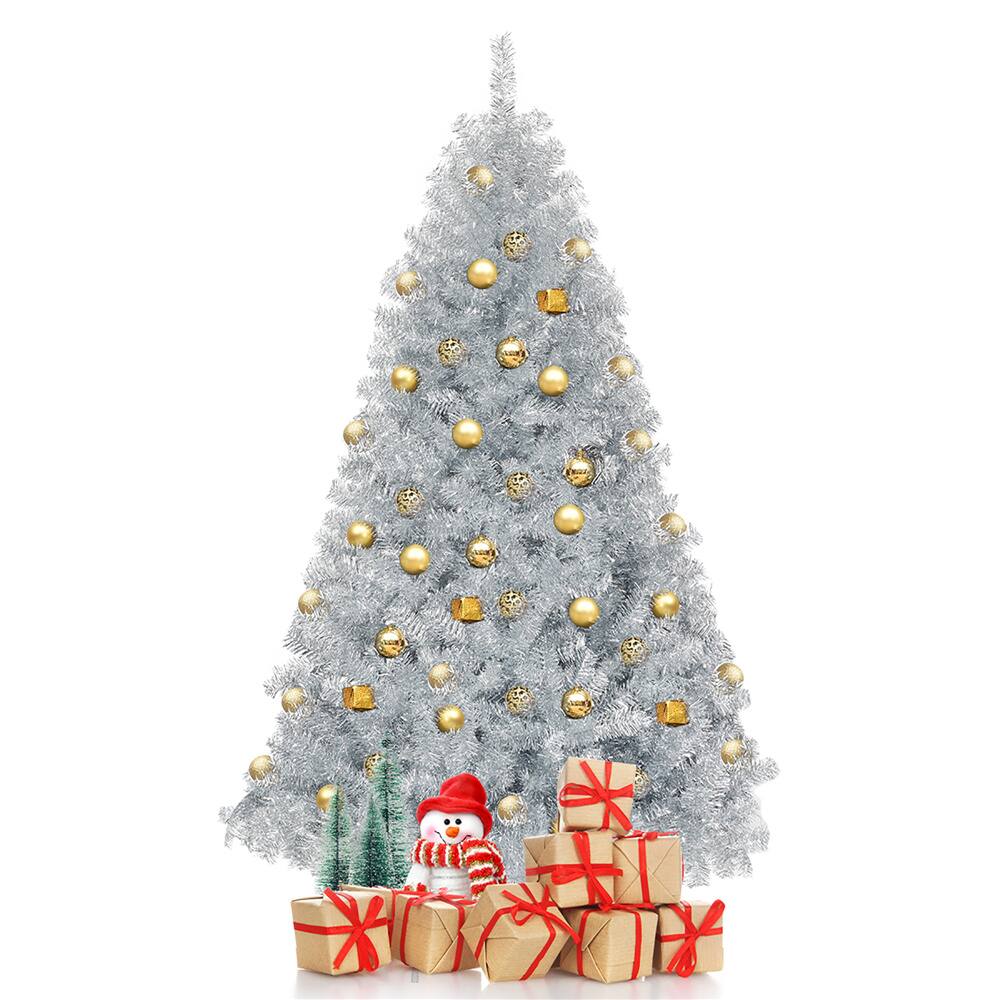 Costway 6ft. Unlit Artificial Silver Tinsel Hinged Christmas Tree with Metal Stand