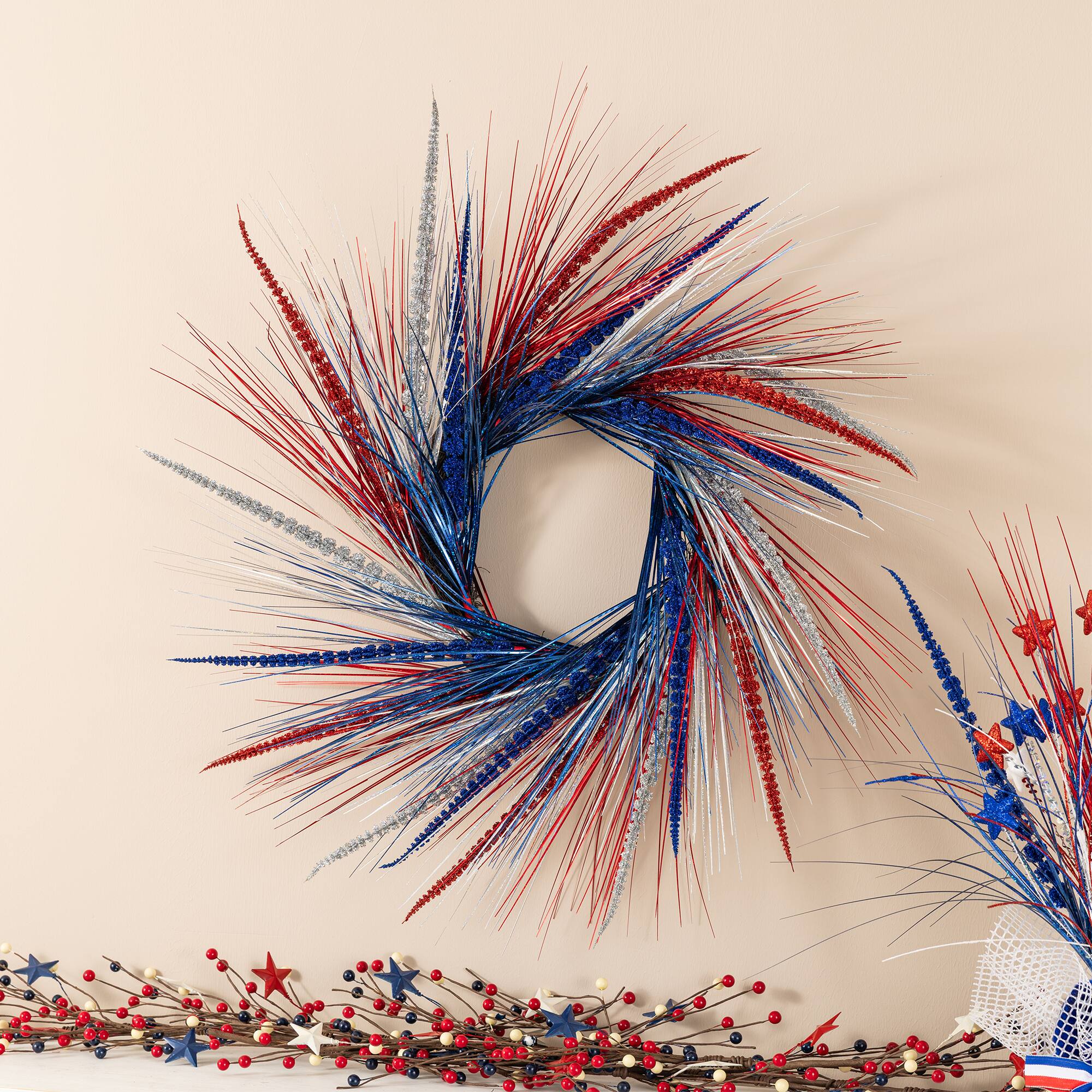 Glitzhome® 24" Patriotic Americana Tinsel and Heather Wreath