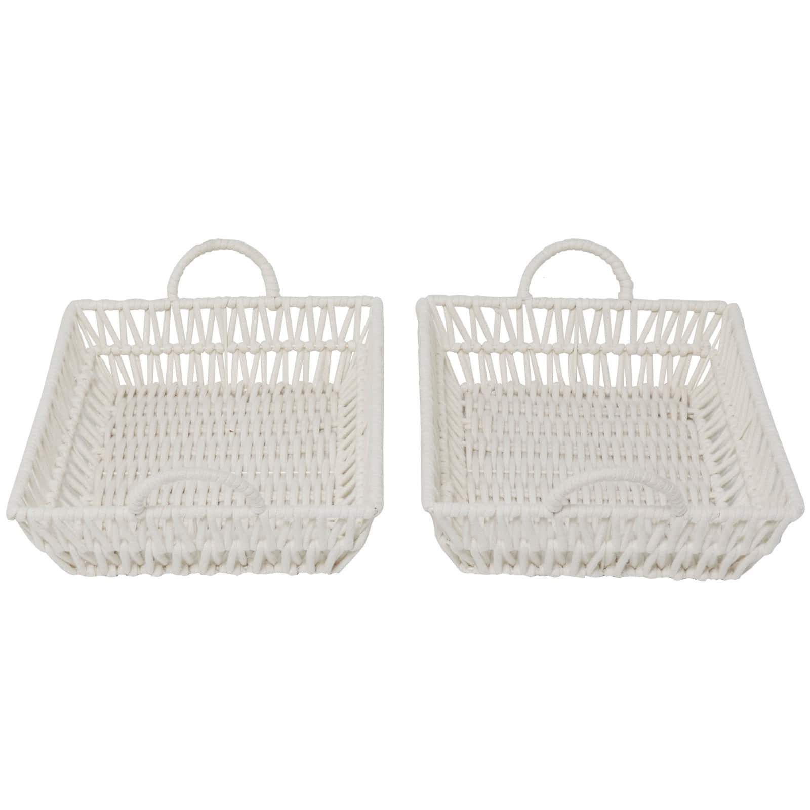 White Cotton Handmade Woven Storage Basket with Handles Set of 2 19", 18"