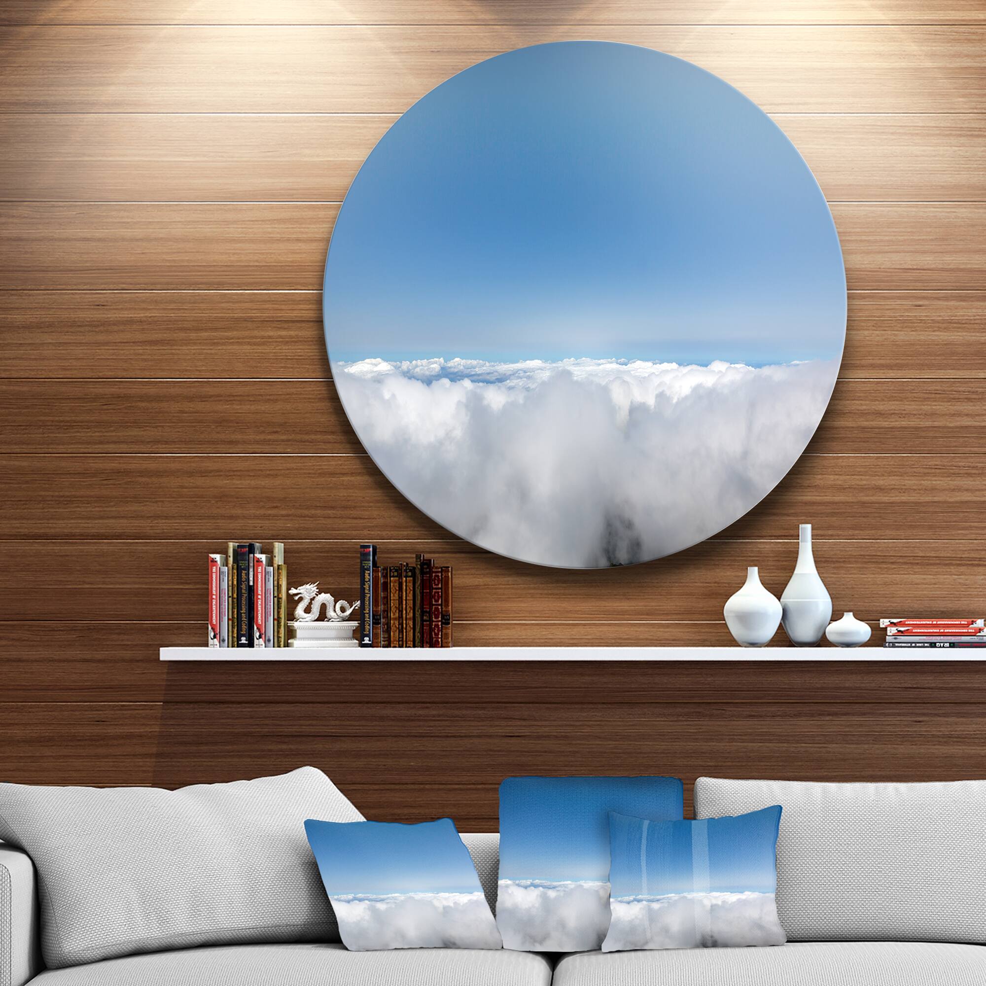 Designart - Aerial View of Sky over Clouds' Contemporary Landscape Metal Circle Wall Art