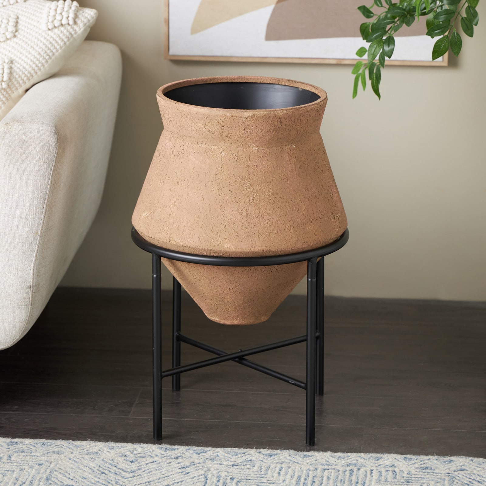 24.5" Brown Metal Wide Decorative Vase with Black Stand