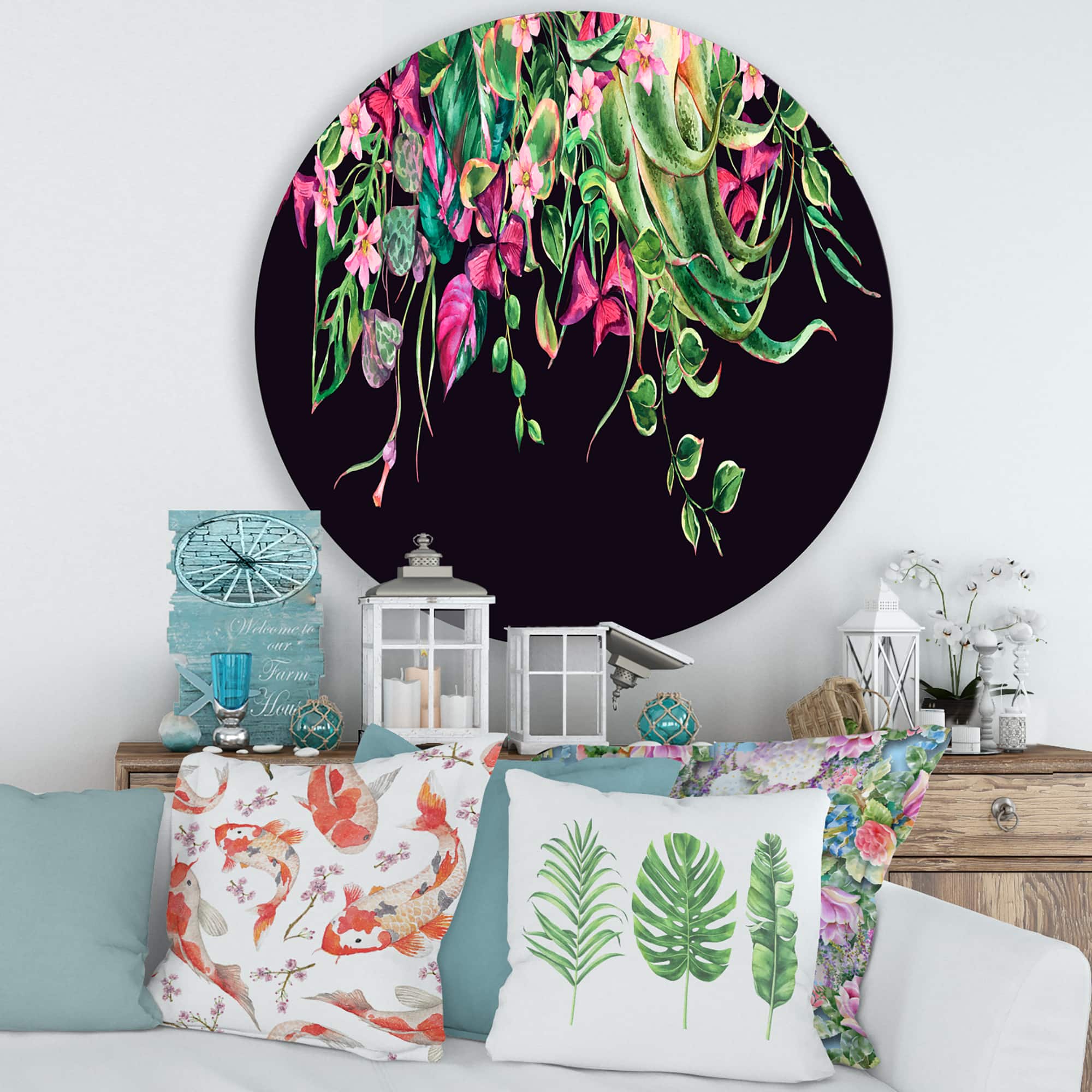 Designart - Floral Tropical Leaves Om Black - Farmhouse Metal Circle Wall Art