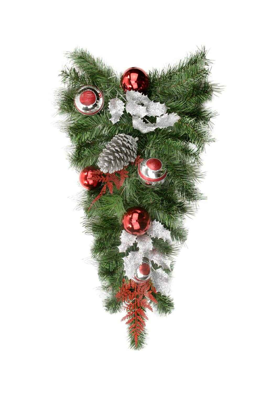 24" Unlit Red & Silver Holly Ball & Pine Cone Teardrop Swag