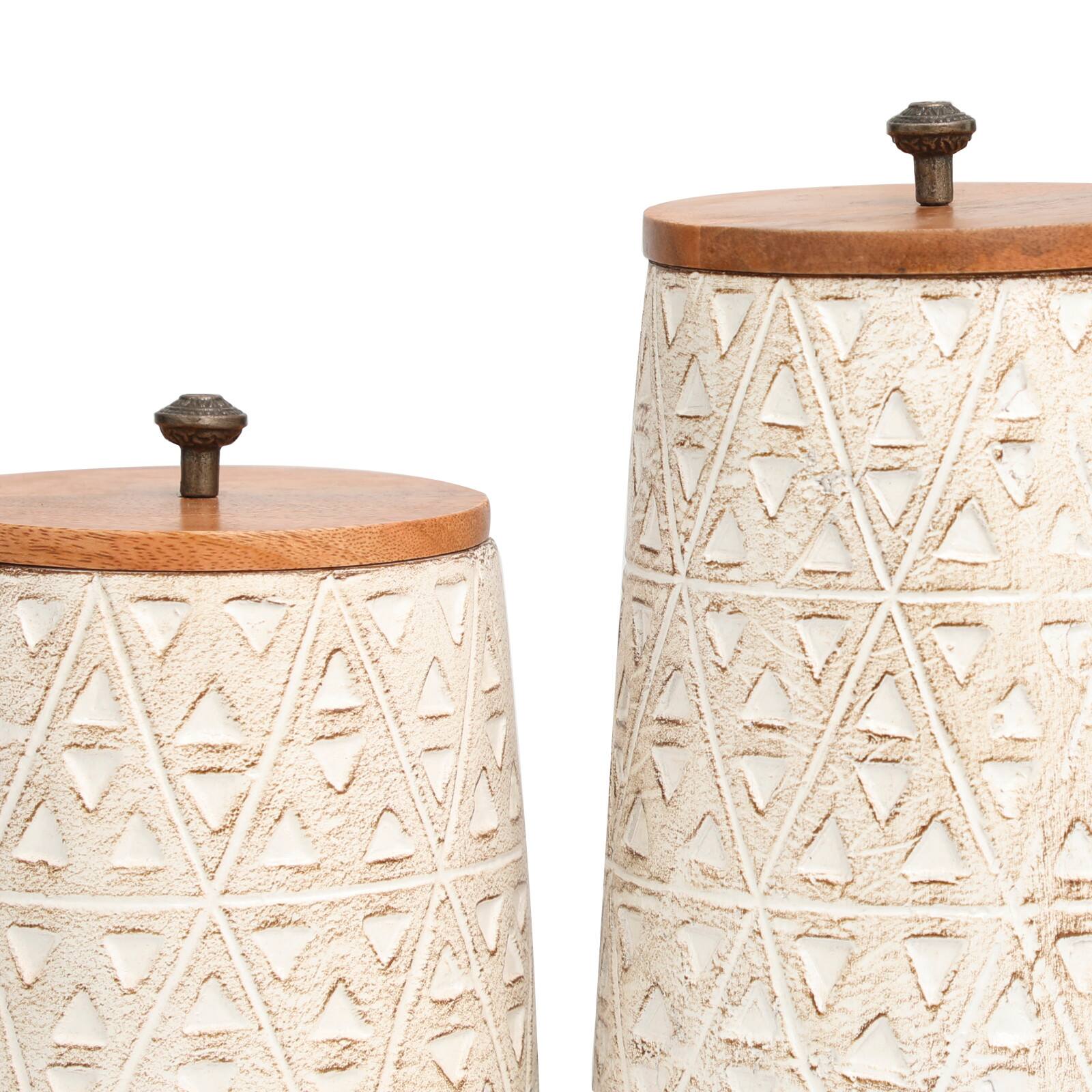 Cream Paper Mache Handmade Carved Triangle Tribal Canisters with Removable Lids Set