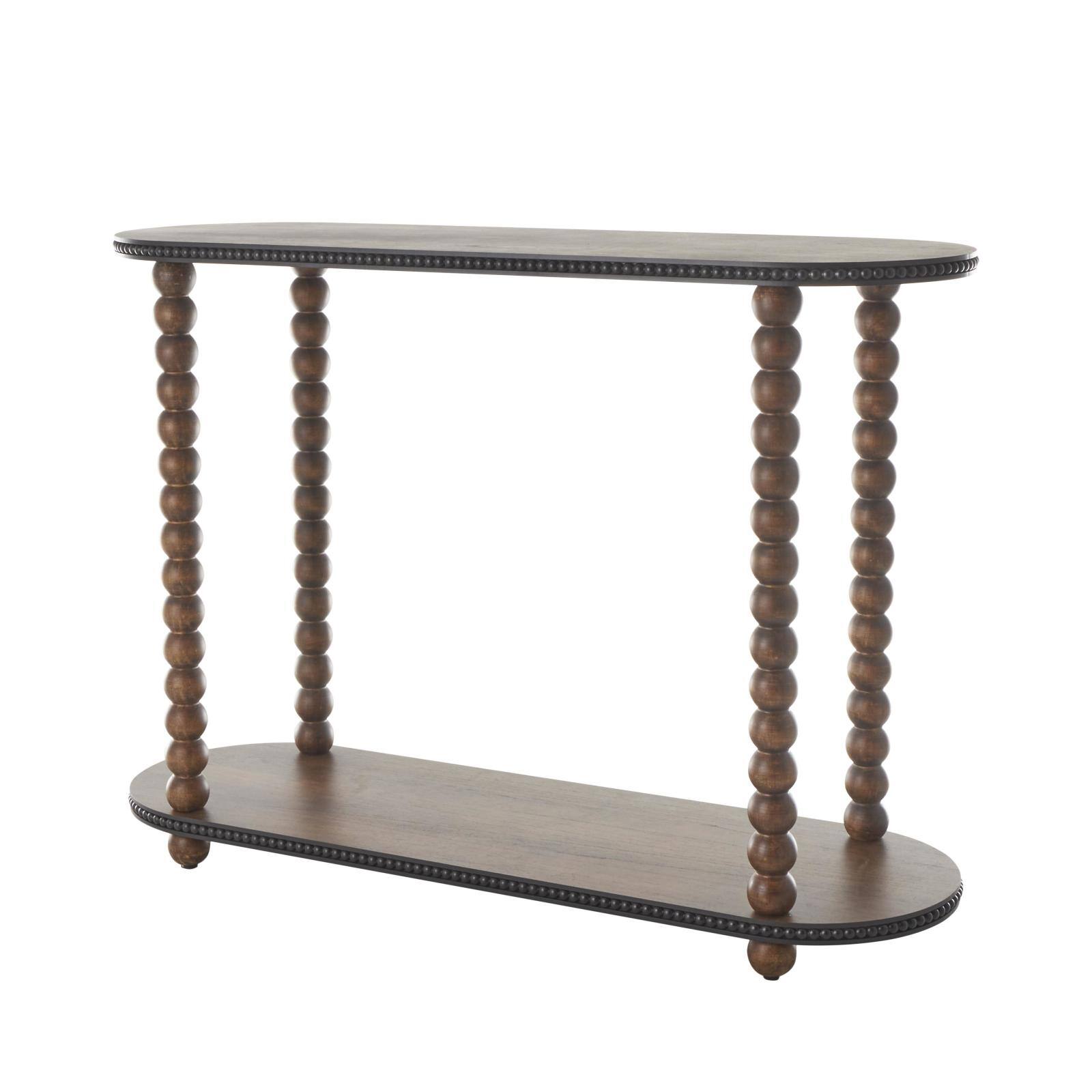 47" Brown Wood Oval Spindle 1-Shelf Living Room Console Table with Beaded Edges