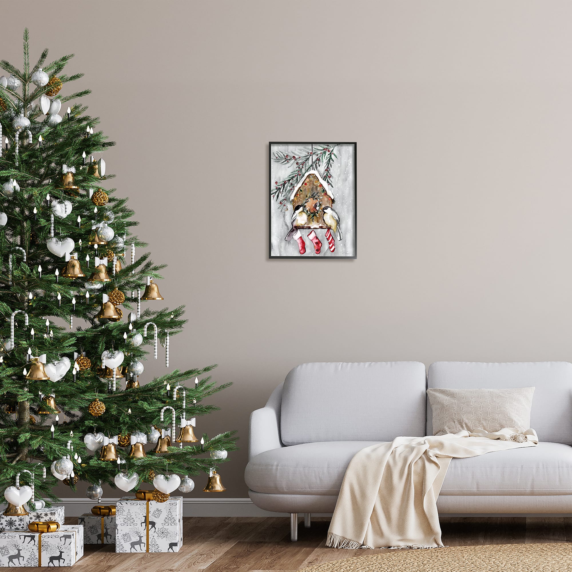 Stupell Industries Holiday Stockings Birdhouse Perched Framed Giclee Art