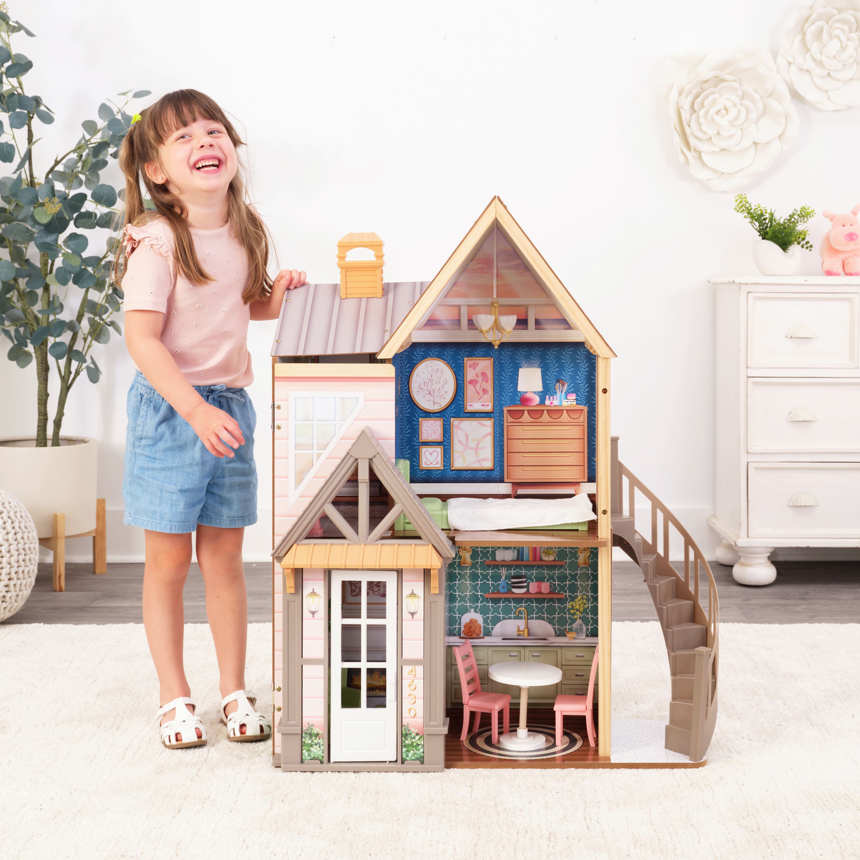 KidKraft Modern Charm Wooden Dollhouse with Open & Close Front & 7 Accessories