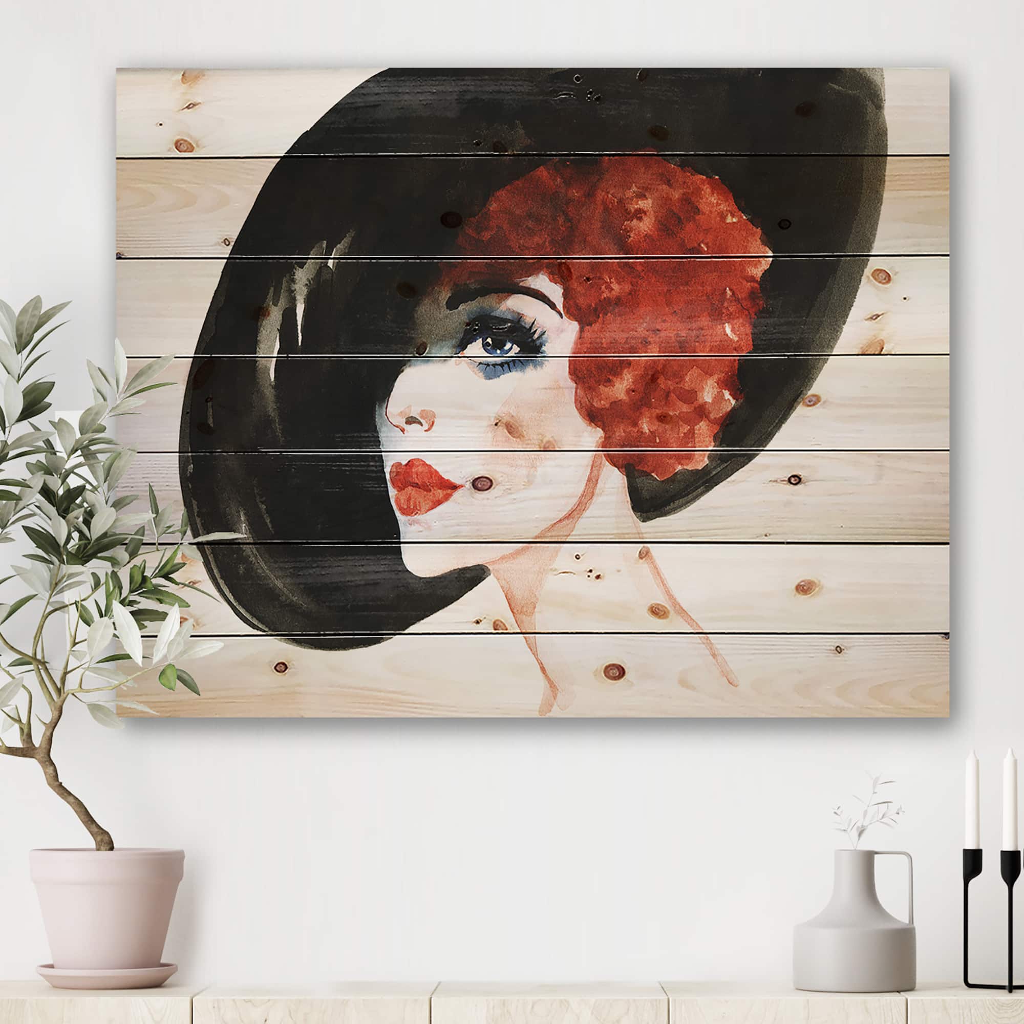Designart - Red Head Lady In Hat Portrait of Woman - Modern Print on Natural Pine Wood