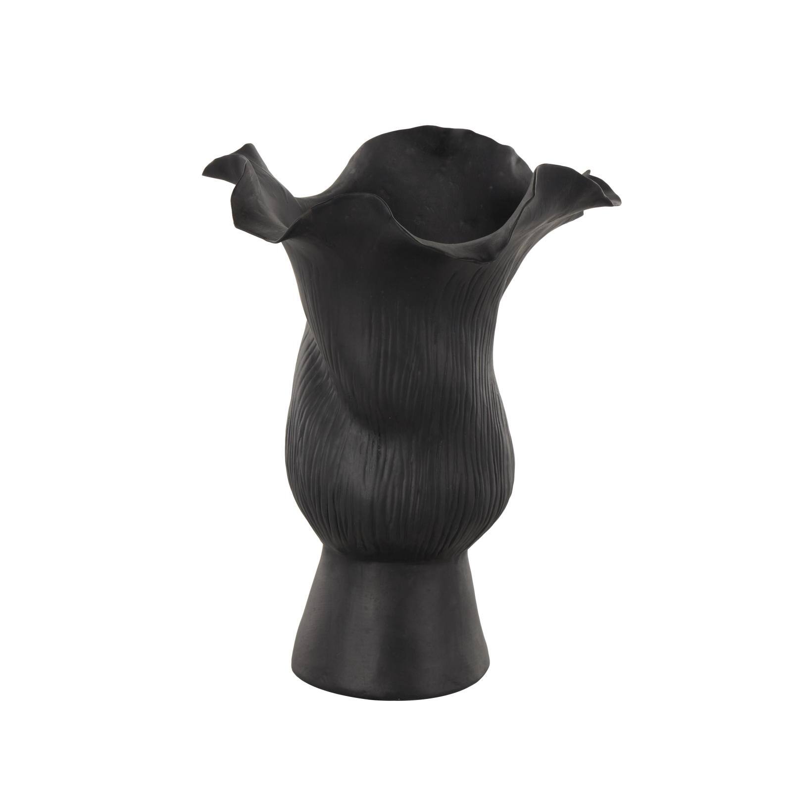 10.5" Black Ceramic Abstract Floral Vase with Linear Grooves