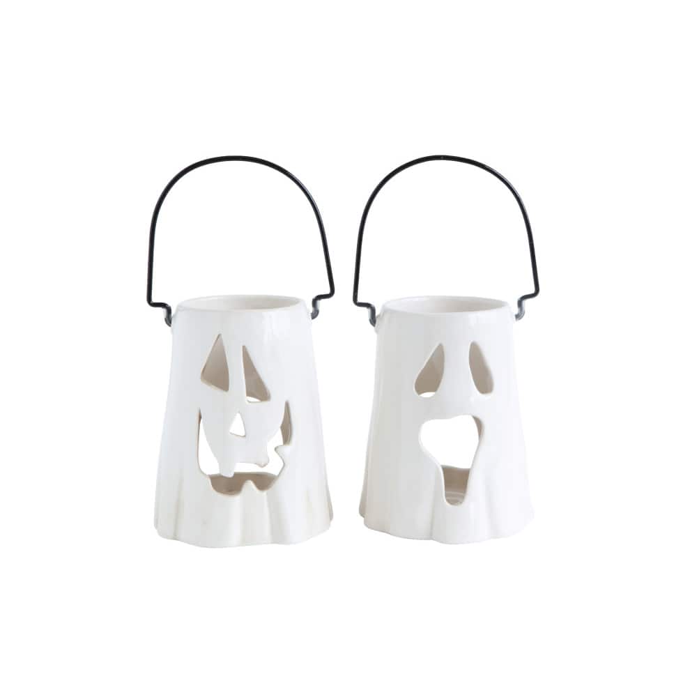 Hello Honey® 6.5" White Ceramic Ghost Face Lantern Set