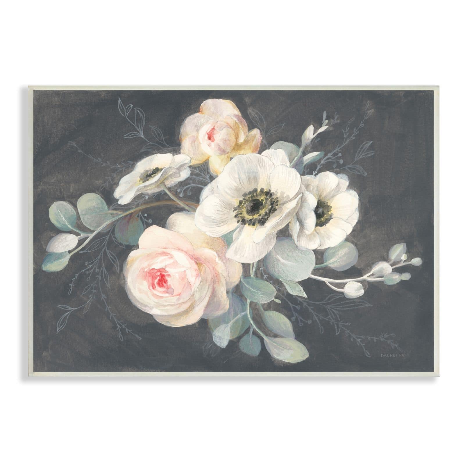 Stupell Industries Rose Anemones Flowers Chalk Pink Black Design Wood Wall Plaque